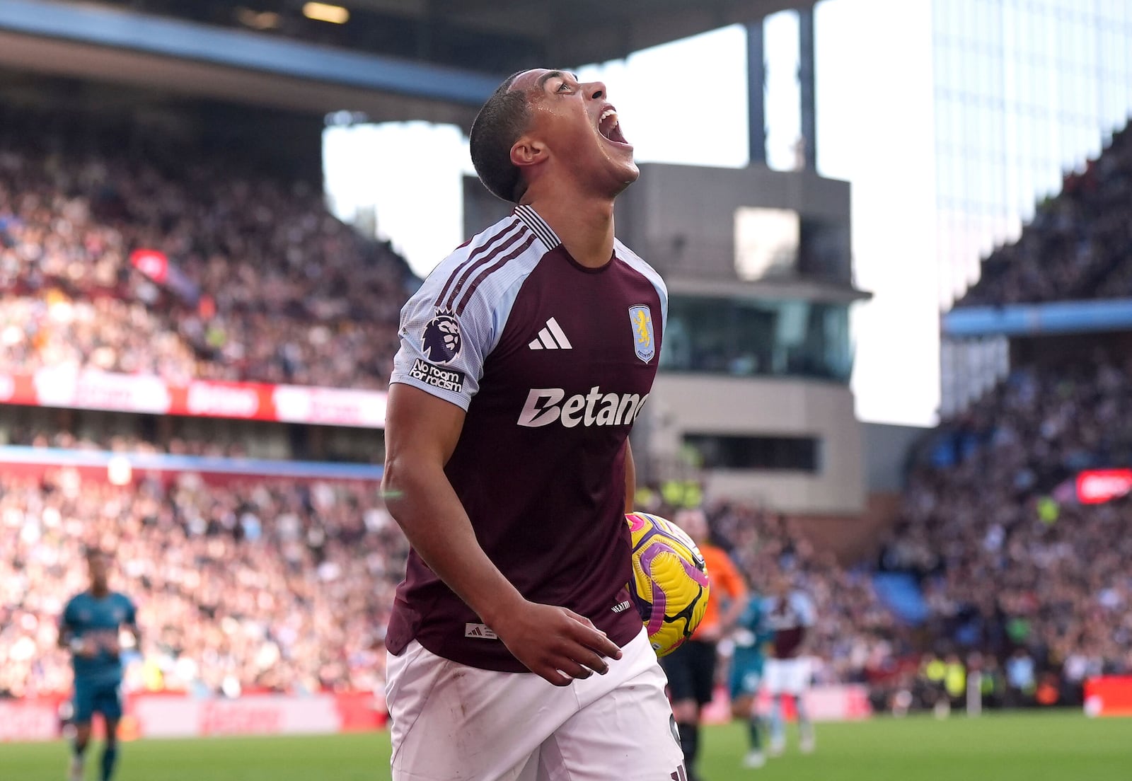 Aston Villa's Youri Tielemans reacts to a missed chance, during the English Premier League match between Aston Villa and Bournemouth, at Villa Park, in Birmingham, England, Saturday, Oct. 26, 2024. (Jacob King/PA via AP)