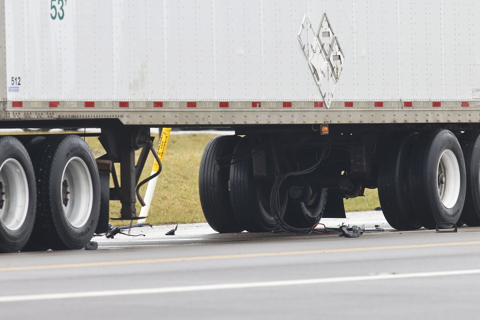 A crash involving a semi and a vehicle on eastbound Union Center Boulevard between Seward Road and Iwata Drive on Thursday morning, Feb. 16, 2023. NICK GRAHAM/STAFF