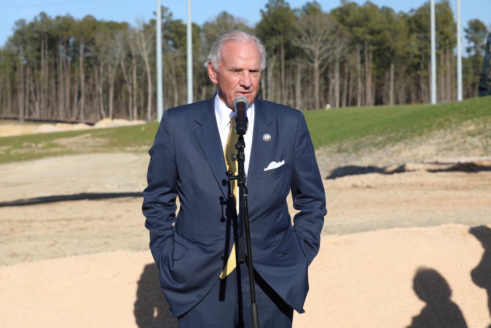 South Carolina Republican Gov. Henry McMaster speaks to reporters after a groundbreaking for a new interstate exit for the Scout Motors plant on Monday, Feb. 3, 2025, in Blythewood, S.C. (AP Photo/Jeffrey Collins)