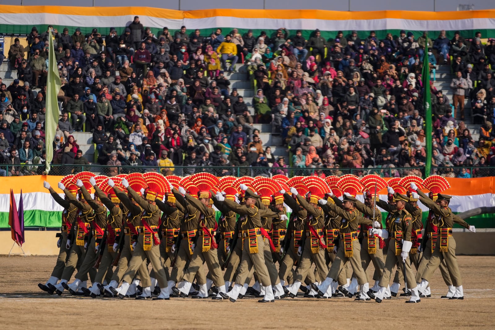 Members of the Indian Border Security Force (BSF) march during India's Republic Day parade in Srinagar, Indian controlled Kashmir, Sunday, Jan. 26, 2025. (AP Photo/Mukhtar Khan)