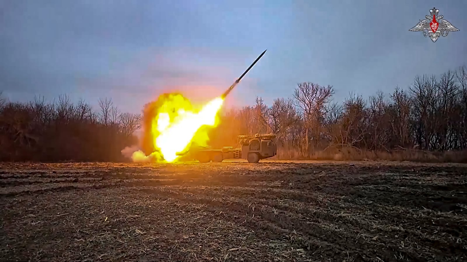 In this photo taken from a video distributed by Russian Defense Ministry Press Service on Thursday, Feb. 6, 2025, a Russian self-propelled multiple rocket launcher Uragan (Hurricane) is fired toward Ukrainian position at an undisclosed location in the Kursk region border area. (Russian Defense Ministry Press Service via AP)