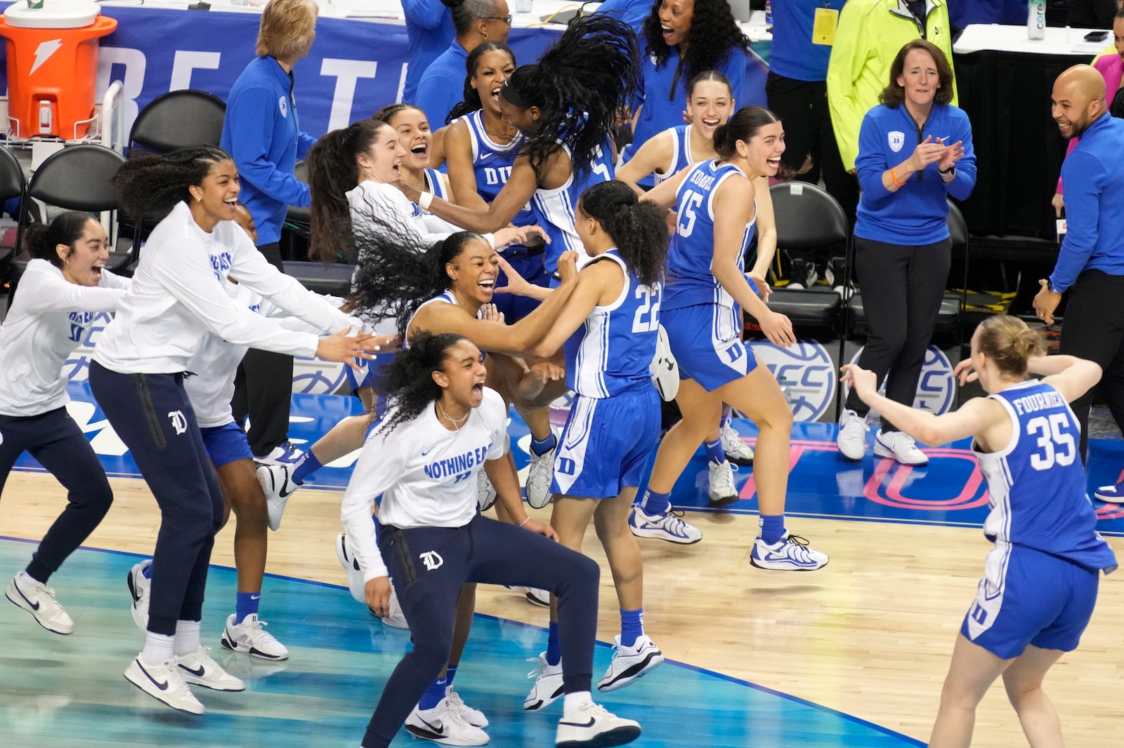 Duke players celebrates after defeating NC State in an NCAA college basketball game in the championship of the Atlantic Coast Conference tournament Greensboro, N.C., Sunday, March 9, 2025. (AP Photo/Chuck Burton)