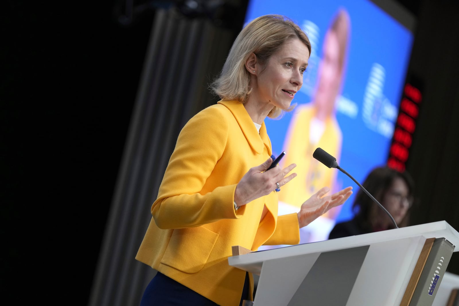 European Union foreign policy chief Kaja Kallas speaks during a media conference after a meeting of EU foreign ministers in Brussels, Monday, Feb. 24, 2025. (AP Photo/Virginia Mayo)