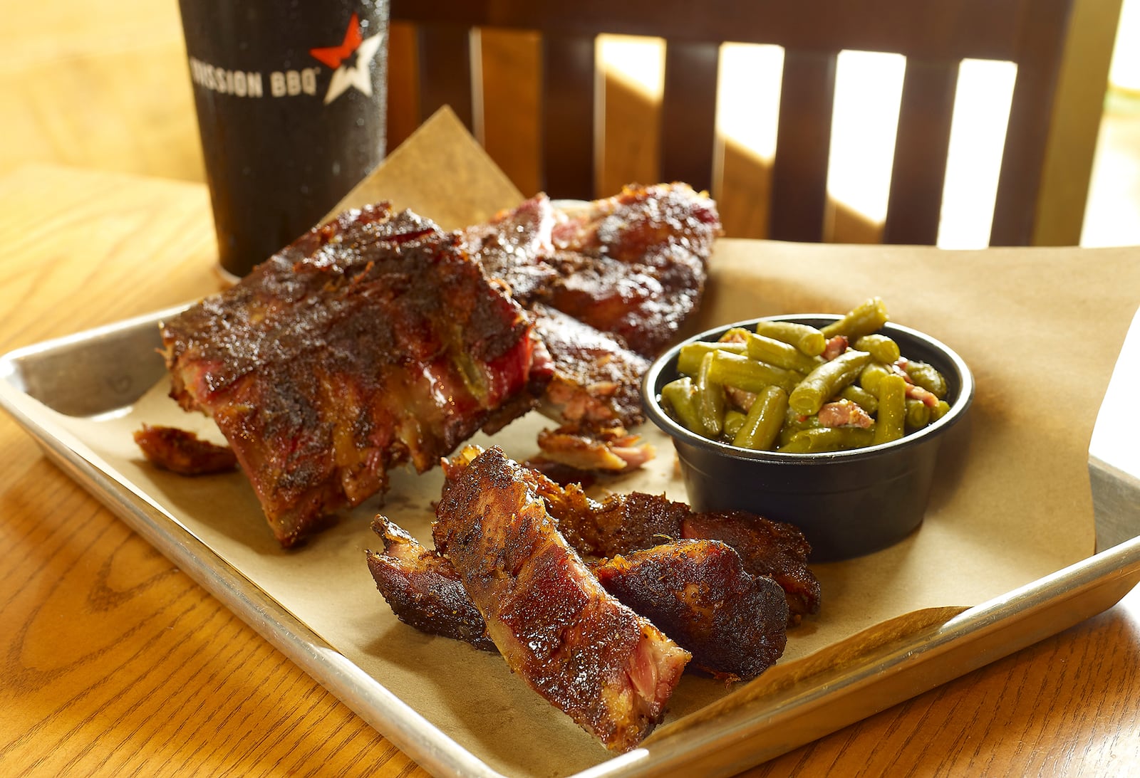 Ribs with green beans is one of the dishes served at Mission BBQ. 