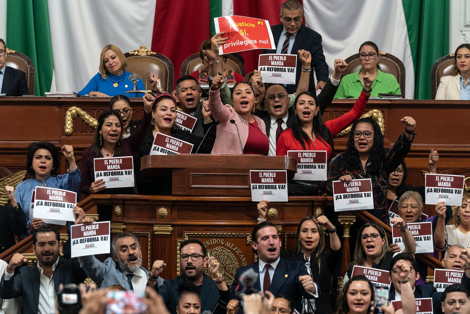 FILE - Legislators rally in favor of judicial reform at Congress, in Mexico City, Sept. 12, 2024. (AP Photo/Felix Marquez)