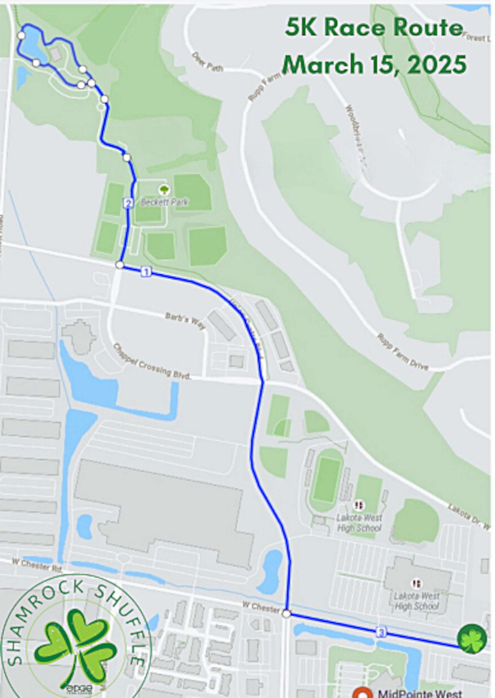 During the March 15 Shamrock Shuffle, portions of West Chester Road, Union Centre Boulevard, Lakota Drive West, and Beckett Road will be closed. Contributed map