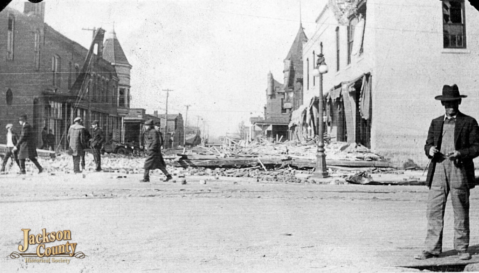 This photo provided by the Jackson County (Ill.) Historical Society shows 13th and Walnut Streets in downtown Murphysboro, Ill., after a tornado tore through Indiana, Illinois, and Missouri in March 1925. (Jackson County (Ill.) Historical Society via AP)