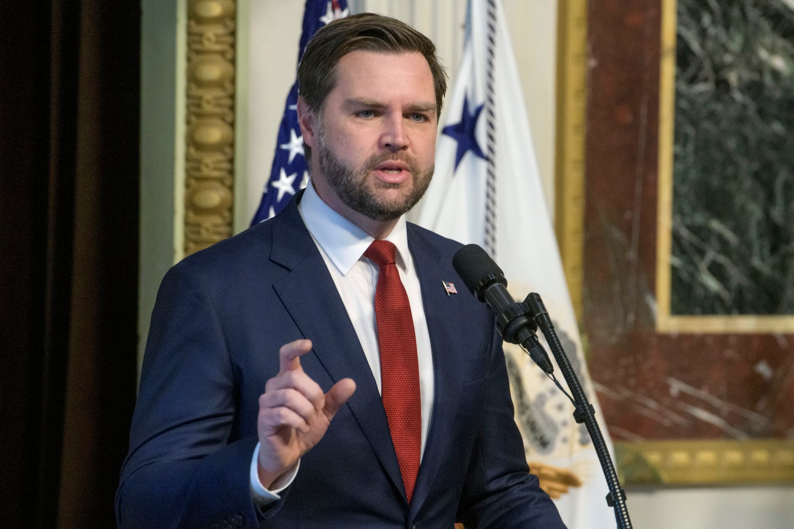 Vice President JD Vance speaks prior to swearing in Pete Hegseth as Secretary of Defense in the Indian Treaty Room of the Eisenhower Executive Office Building on the White House campus in Washington, Saturday, Jan. 25, 2025. (AP Photo/Rod Lamkey, Jr.)