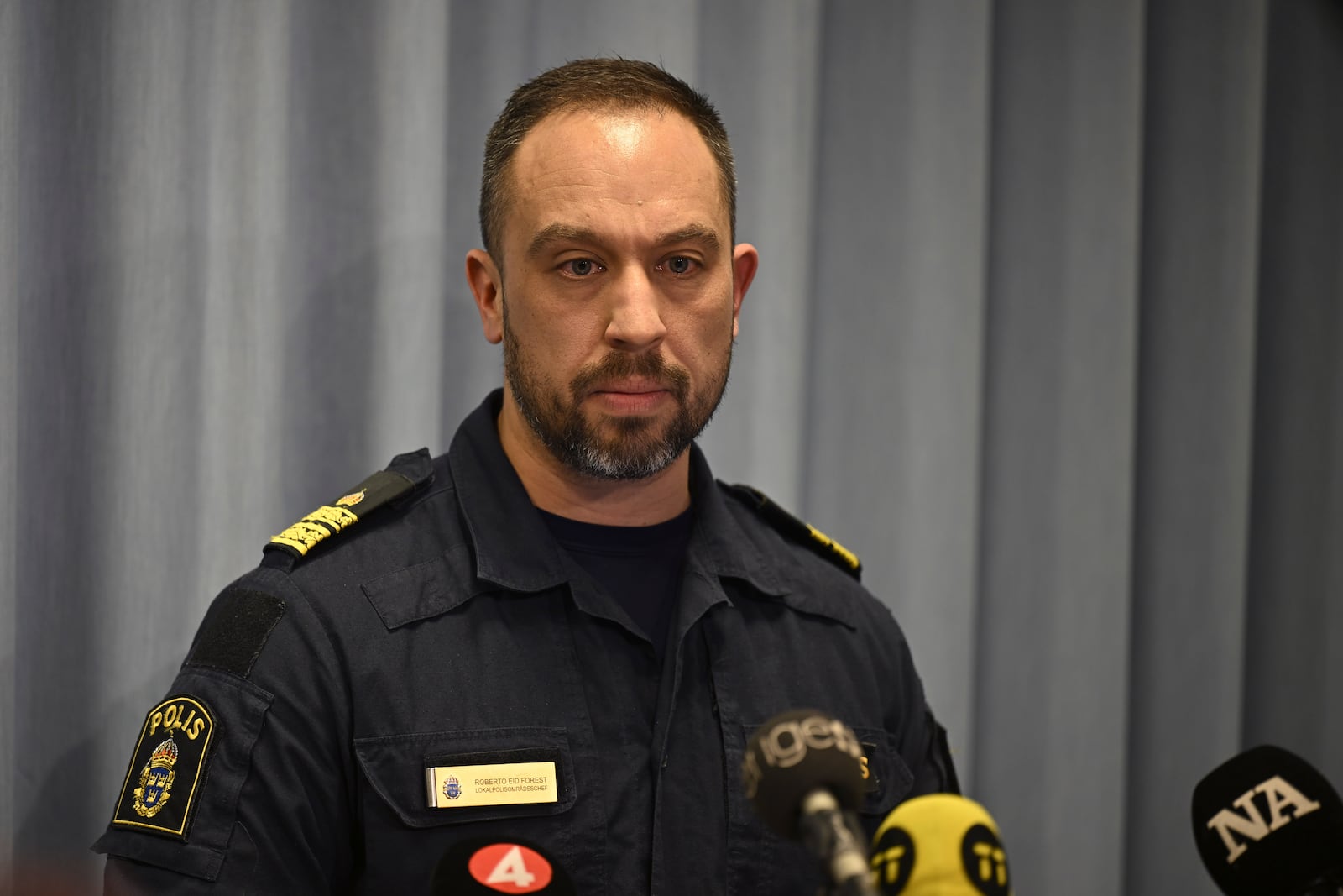 Roberto Eid Forest, head of the local police district speaks during a press conference after five people were shot at the adult education center campus at Risbergska school, in Örebro, Sweden, Tuesday, Feb. 4, 2025. (Pontus Lundahl/TT News Agency via AP)