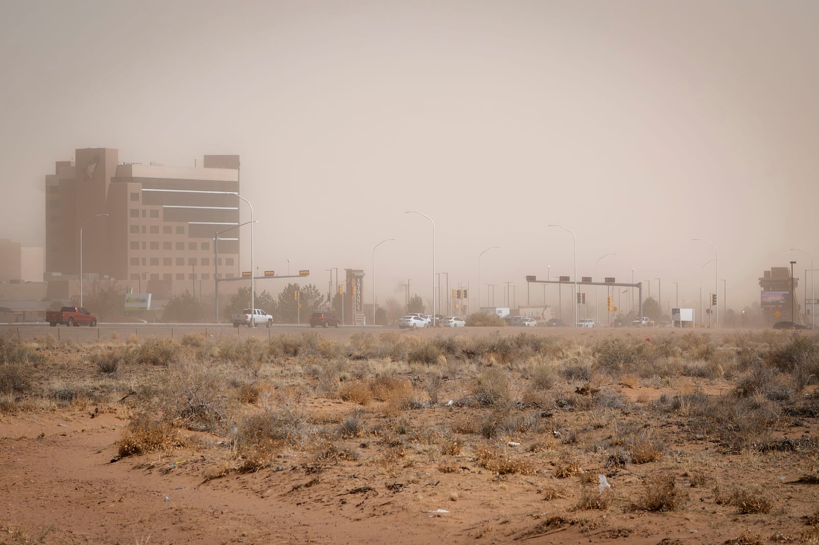 Strong winds and dust obscure the Santa Ana Star Casino in Bernalillo, N.M., Tuesday, March 18, 2025. (Jessica Baca/The Albuquerque Journal via AP)