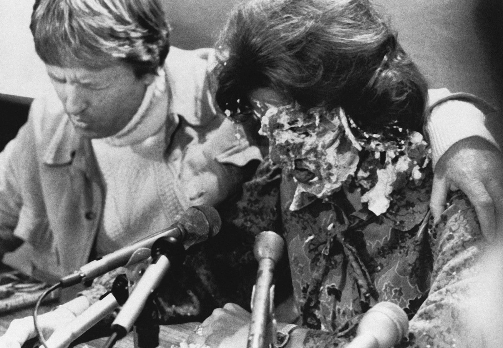 A pie is thrown at Anita Bryant during a news conference on Oct. 14, 1977 in Des Moines, Iowa. (AP Photo/File)