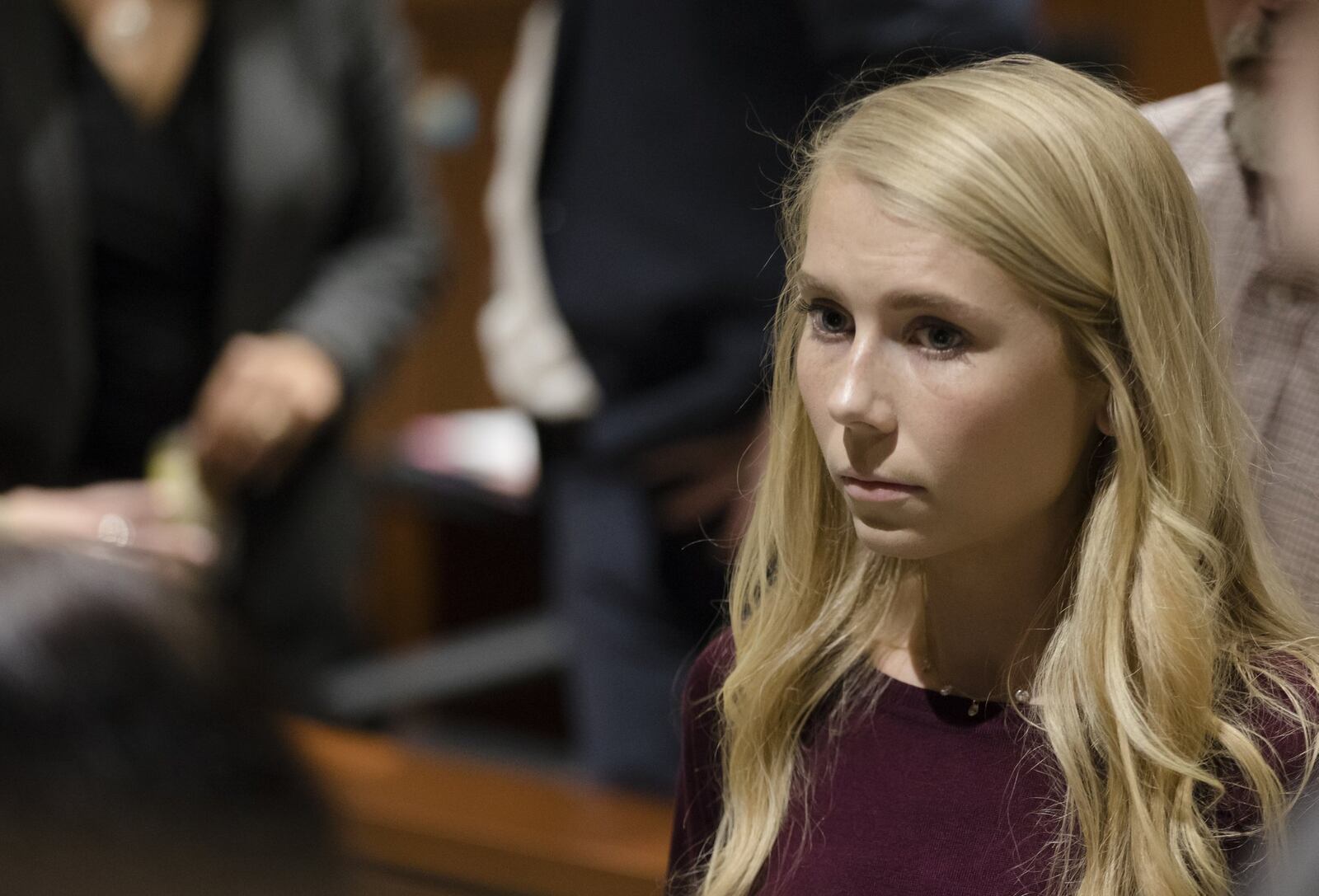 Brooke “Skylar” Richardson steps out of the courtroom during a recess of proceedings, Friday, Sept. 6, 2019, in Warren County Judge Donald Oda’s II courtroom at Warren County Common Pleas Court in Lebanon, Ohio. The 20-year-old is accused of killing and burying her baby in the backyard of her Carlisle home. Richardson is charged with aggravated murder, involuntary manslaughter, gross abuse of a corpse, tampering with evidence and child endangerment in the death of her newborn infant. She faces the possibility of life in prison. (Albert Cesare / The Enquirer/POOL)