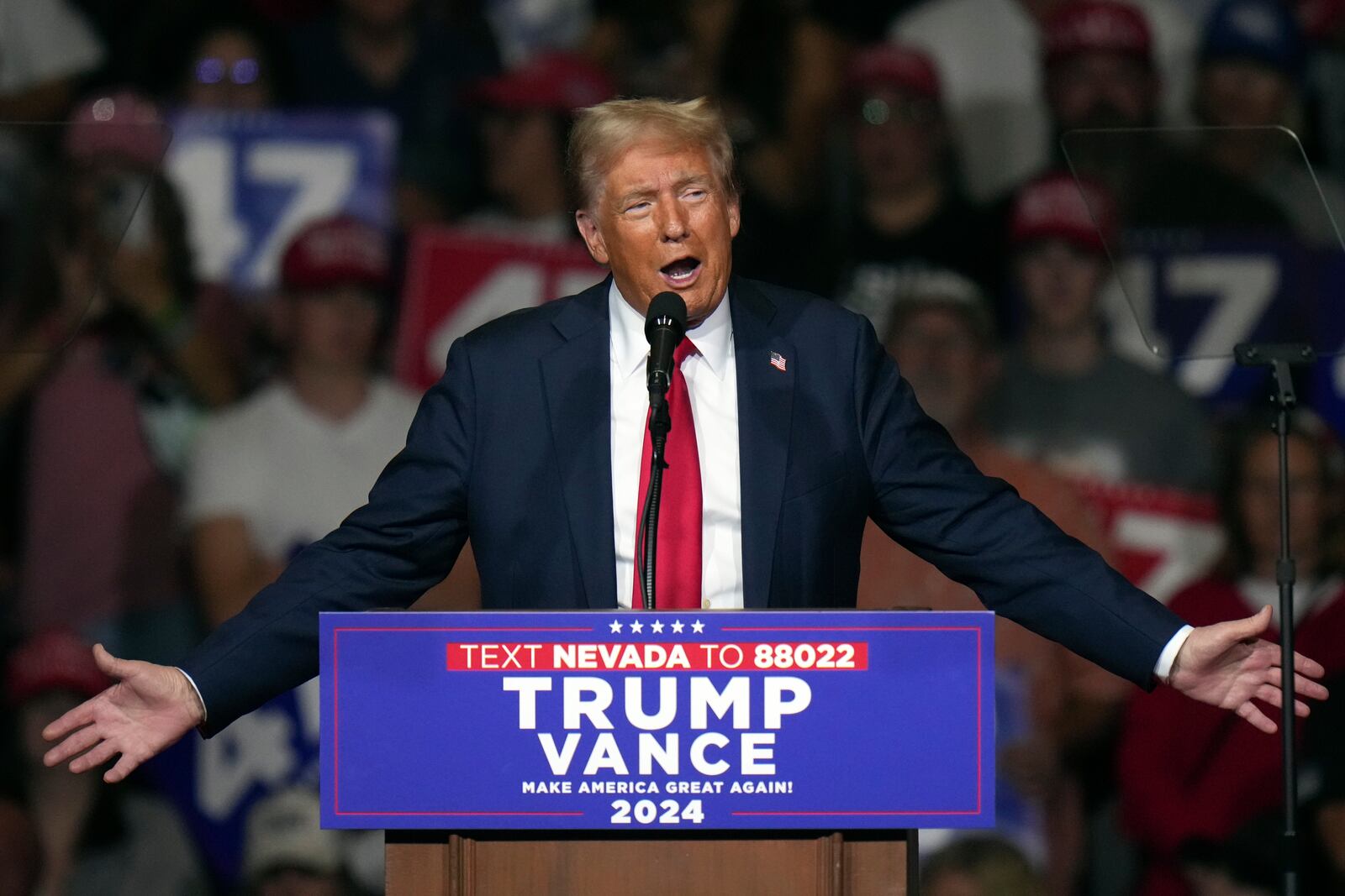 Republican presidential nominee former President Donald Trump speaks at a campaign rally at Grand Sierra Resort and Casino, Friday, Oct. 11, 2024, in Reno, Nev. (AP Photo/Jae C. Hong)