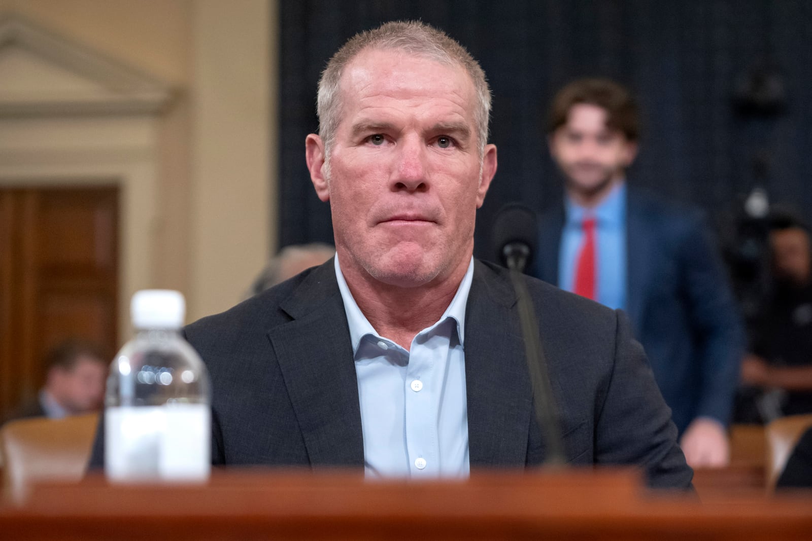 FILE - Former NFL quarterback Brett Favre appears before the House Committee on Ways and Means on Capitol Hill, Tuesday, Sept. 24, 2024, in Washington. (AP Photo/Mark Schiefelbein, File)