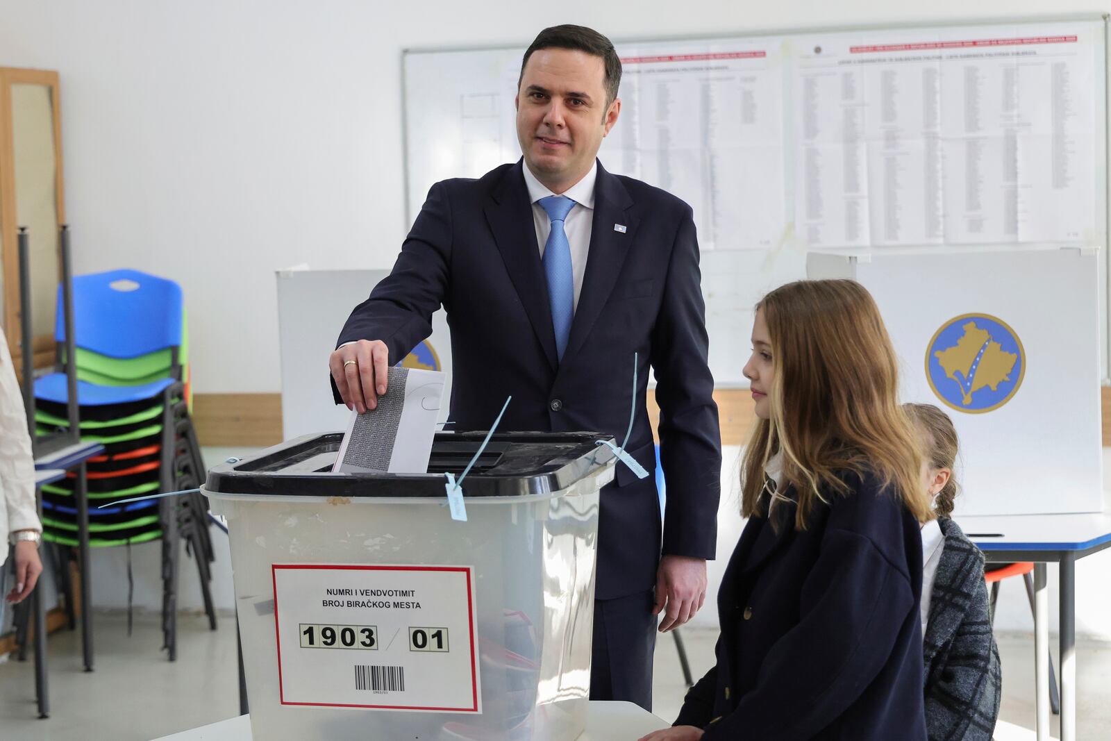 Lumir Abdixhiku, Leader of Democratic League of Kosovo party, casts his ballot during parliamentary election in Pristina, Kosovo, Sunday, Feb. 9, 2025. (AP Photo/Vlasov Sulaj)