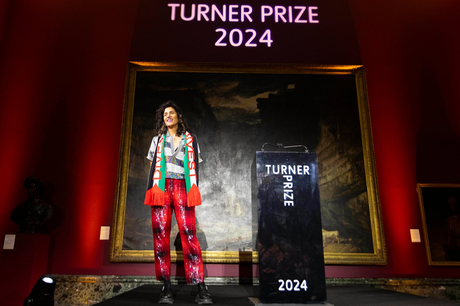 Jasleen Kaur is announced as the winner of the Turner Prize 2024 at Tate Britain, in London, Tuesday, Dec. 3, 2024. (David Parry/PA via AP)