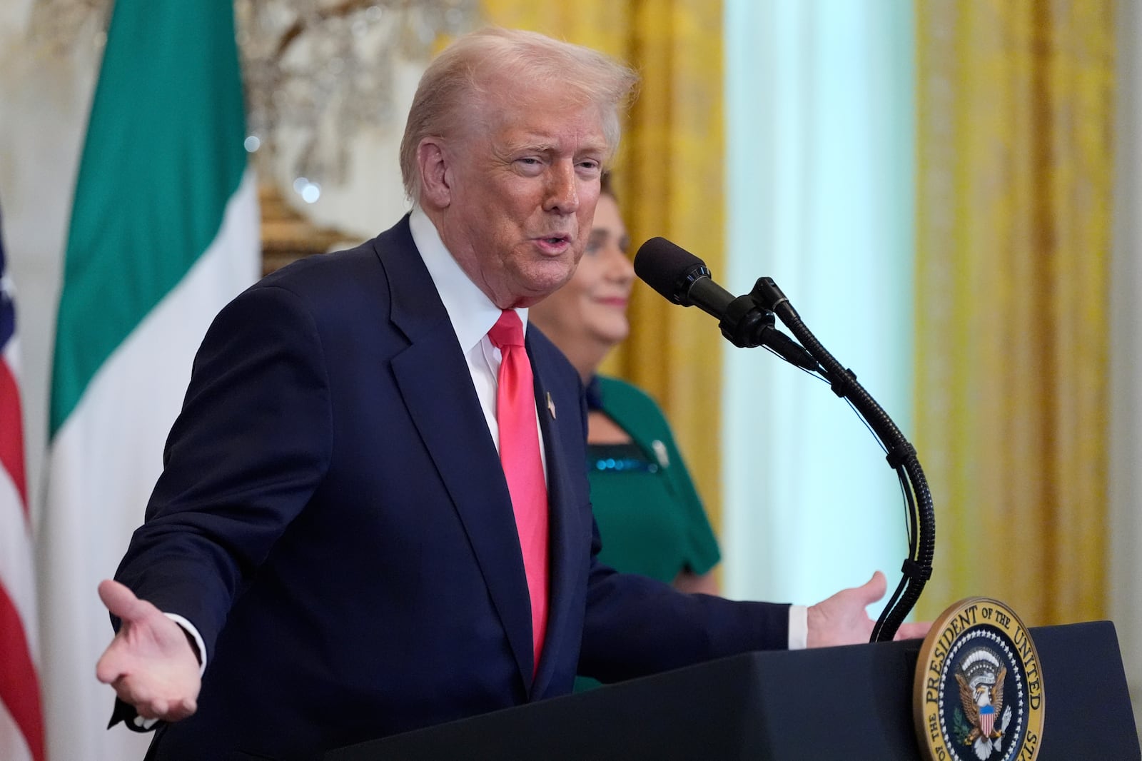 President Donald Trump speaks during an event with Ireland's Prime Minister Micheál Martin in the East Room of the White House in Washington, Wednesday, March 12, 2025. (AP Photo/Alex Brandon)