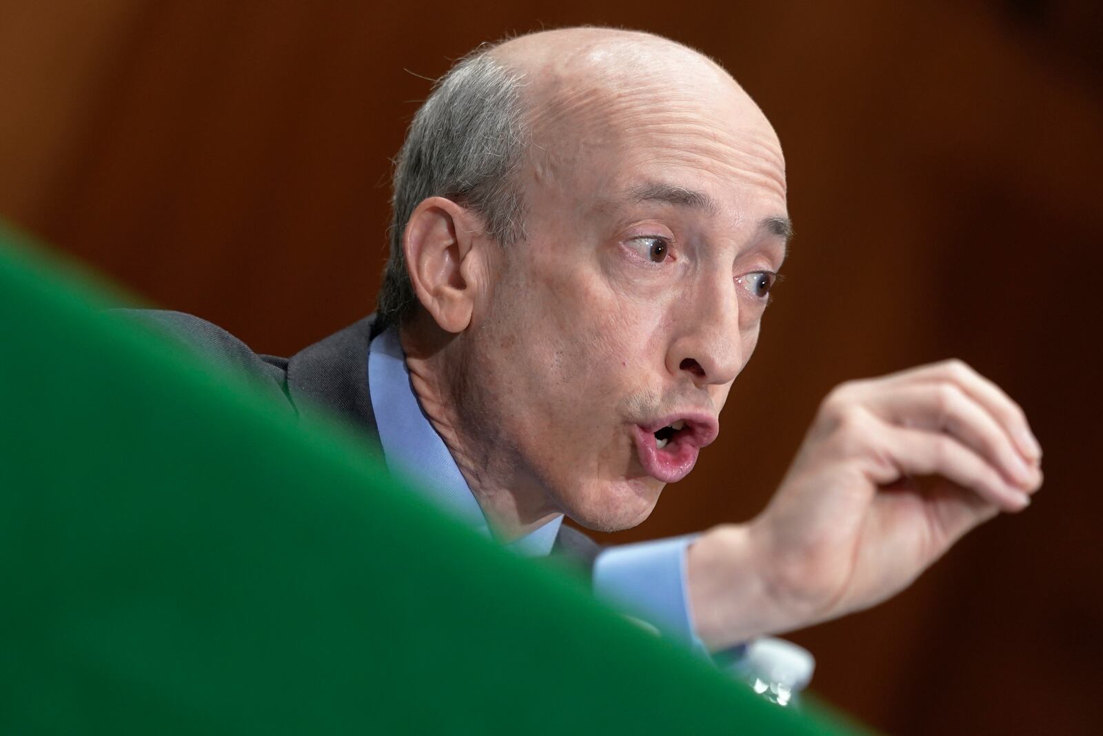 FILE - Securities and Exchange Commission Chair Gary Gensler testifies during a Senate Banking Committee Hybrid hearing on 'Oversight of the U.S. Securities and Exchange Commission," on Sept. 12, 2023, on Capitol Hill in Washington. (AP Photo/Mariam Zuhaib, File)