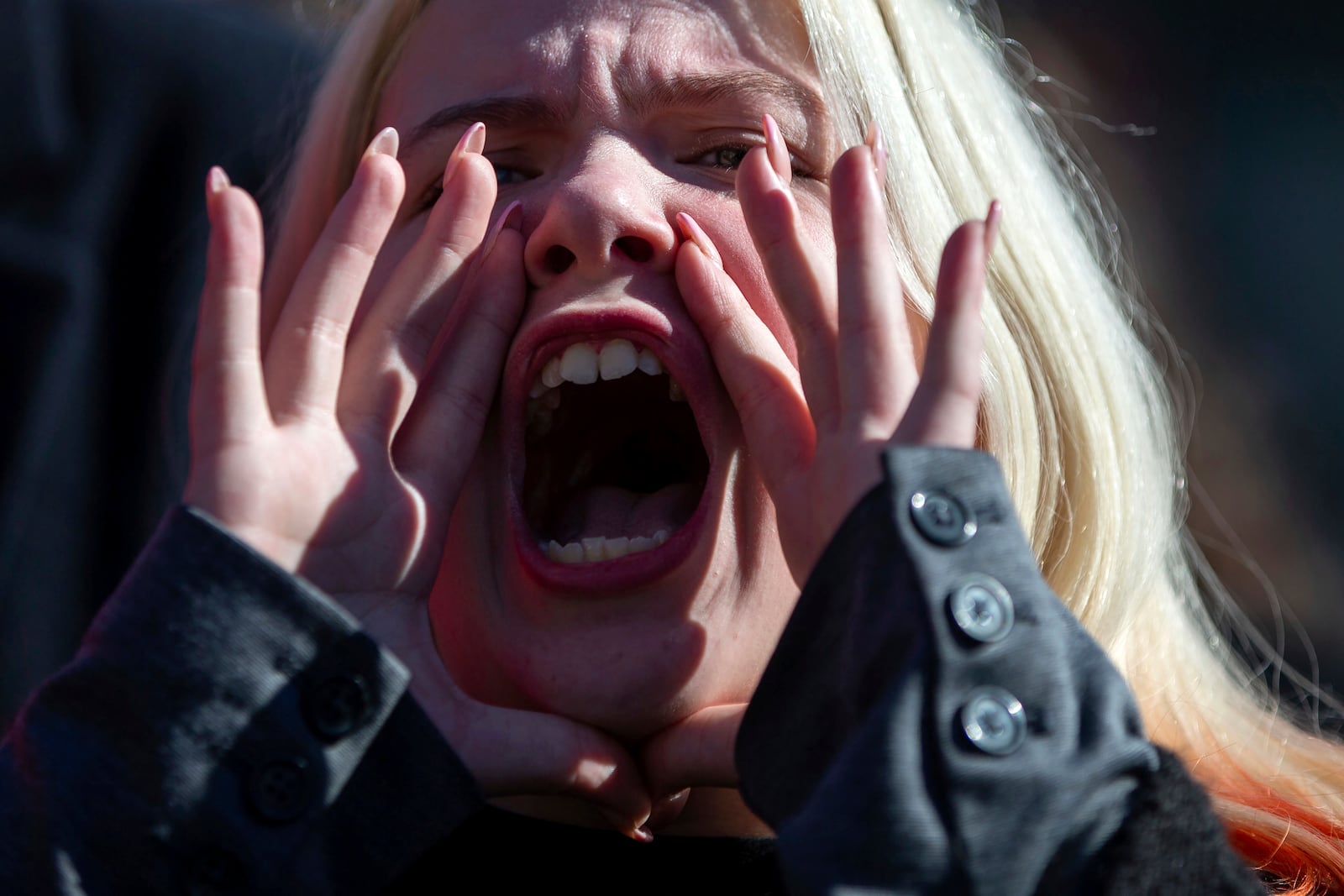 FILE - A protester shouts outside the Florida Supreme Court after the Court heard arguments on the proposed abortion amendment, Feb. 7, 2024. (Alicia Devine/Tallahassee Democrat via AP, file)