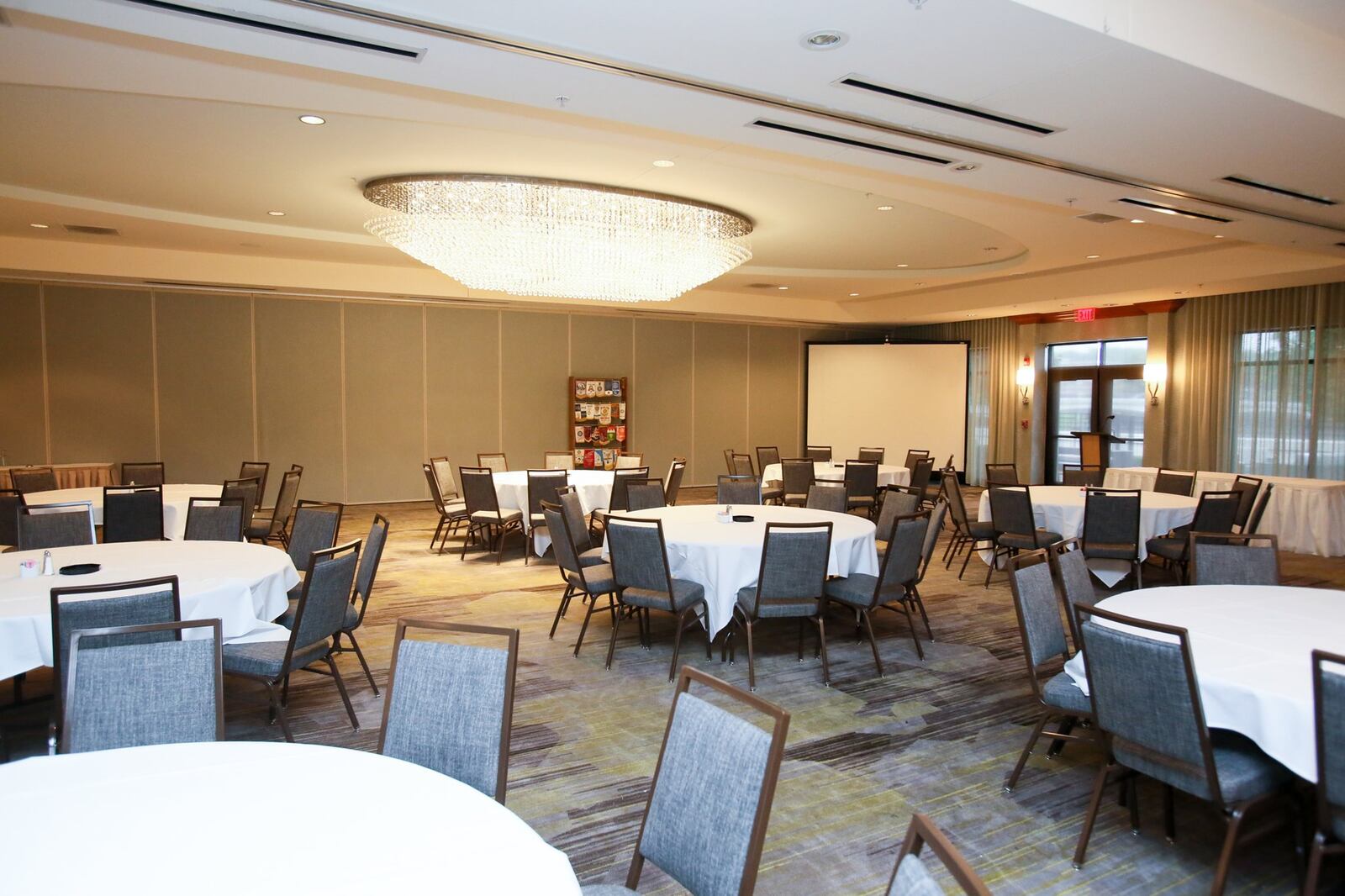 The ballroom at Courtyard by Marriott Hamilton has a more modern look after renovations.