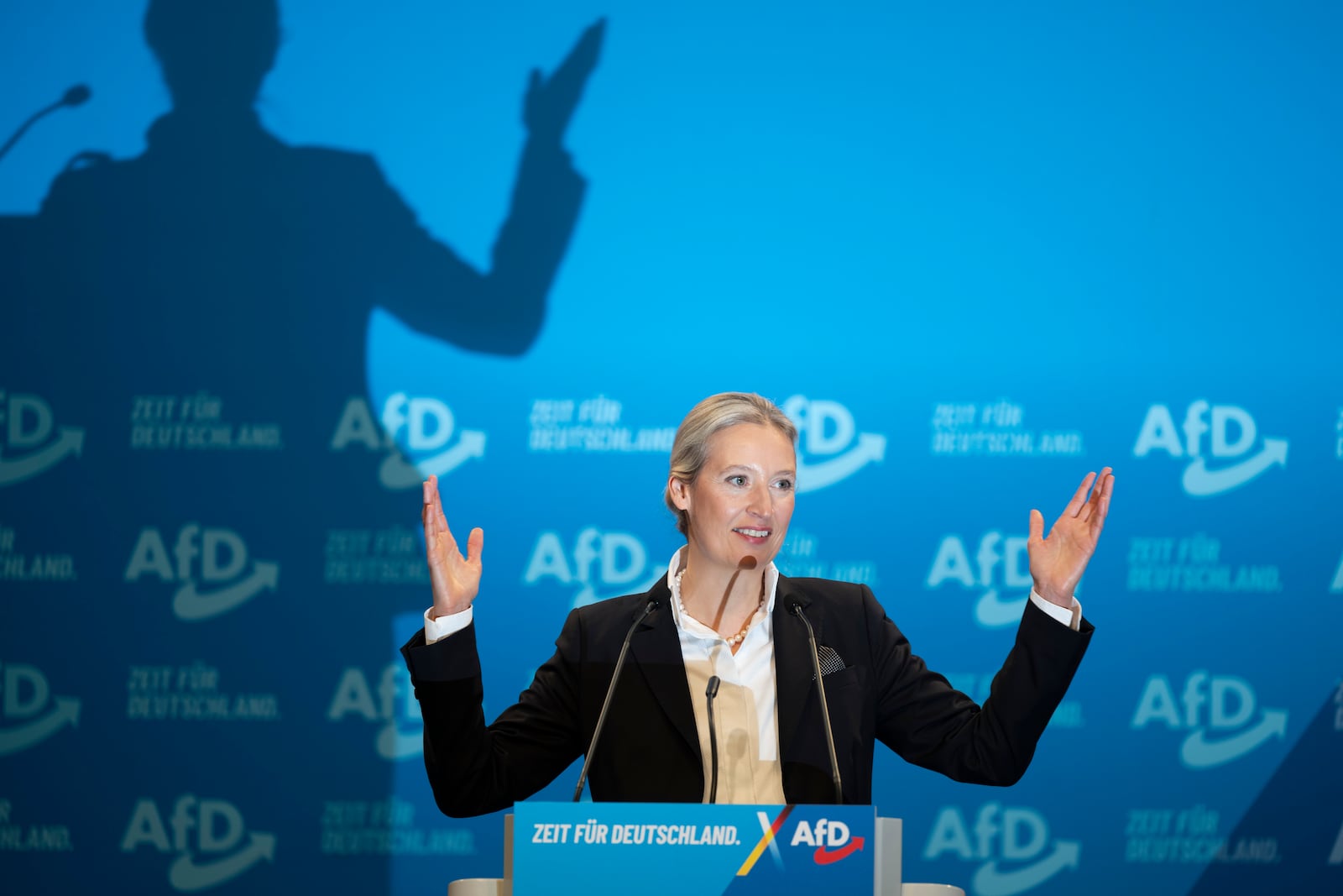 AfD national chairwoman Alice Weidel speaks at her party's national convention in Riesa, Germany, Saturday, Jan. 11, 2025. (Sebastian Kahnert/dpa via AP)