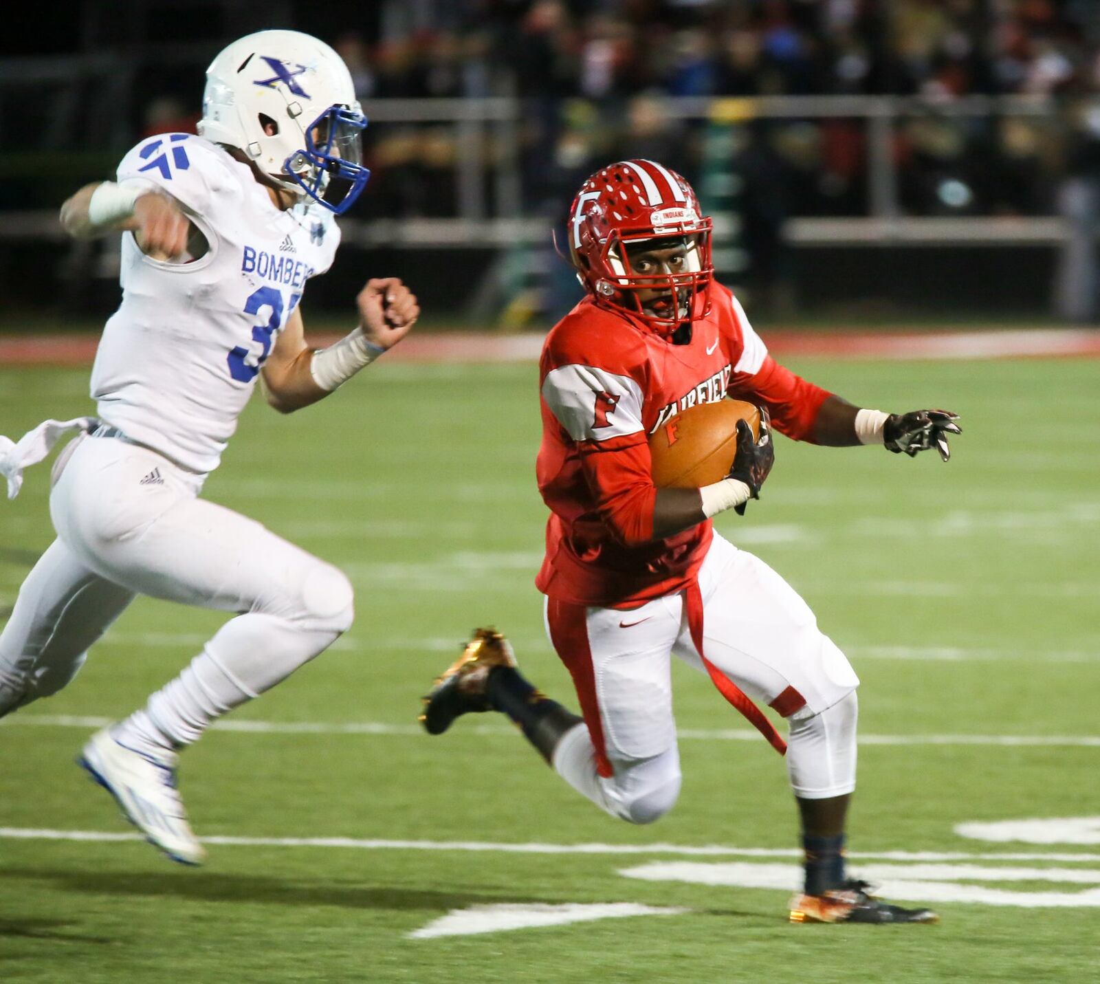 Fairfield wide receiver Raqwon Williams (4) looks up the field during their Division I playoff game against St. Xavier at Fairfield Stadium on Nov. 4, 2016. The host Indians lost 35-14. GREG LYNCH/STAFF