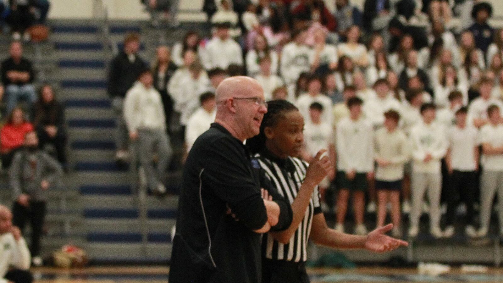 Coach Mike Holweger as Springboro downed Mason on Saturday night March 1, 2025 at Fairborn to win the Southwest regional championship in girls basketball for the second straight year.