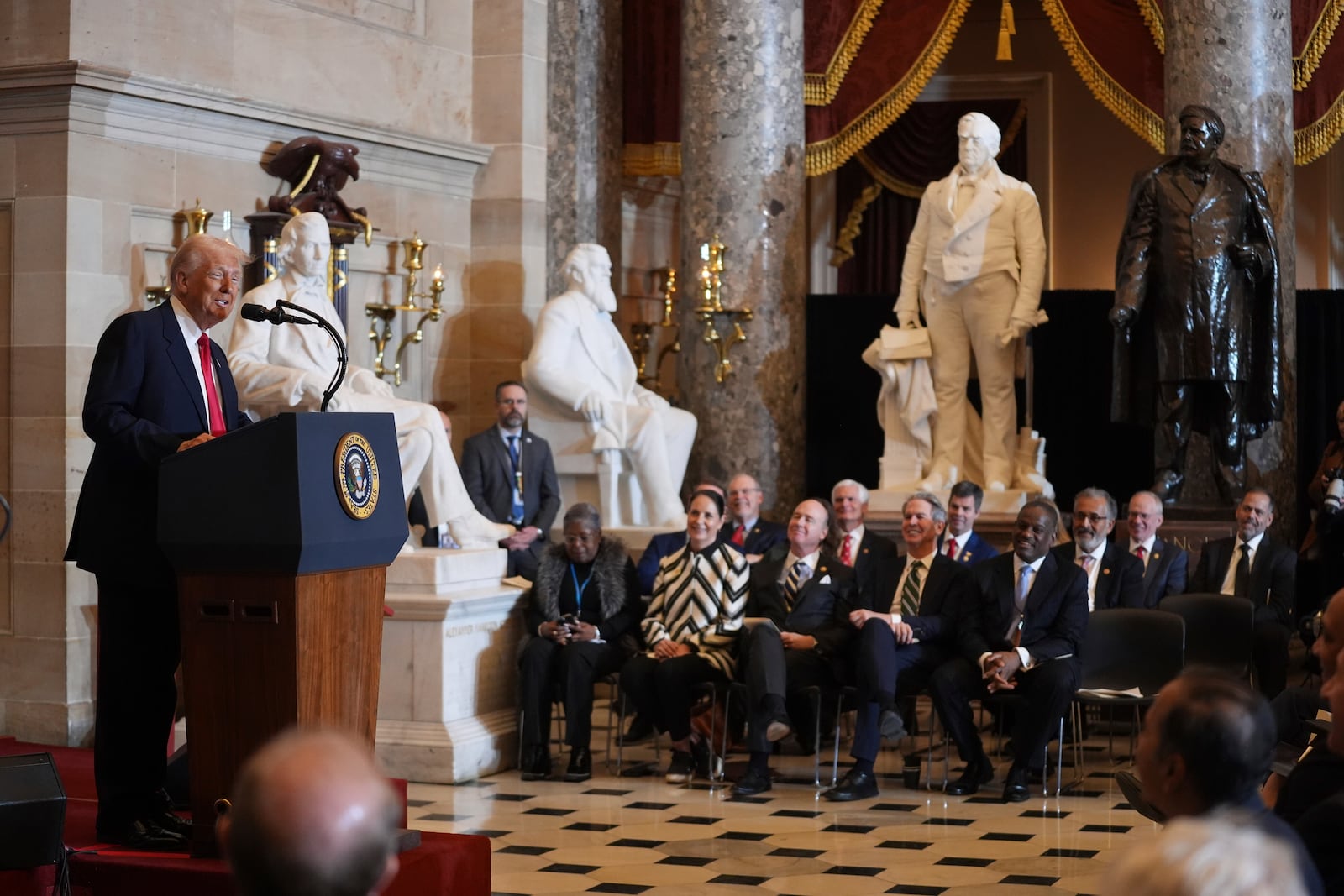 President Donald Trump speaks during the National Prayer Breakfast, at the Capitol in Washington, Thursday, Feb. 6, 2025. (AP Photo/Evan Vucci)