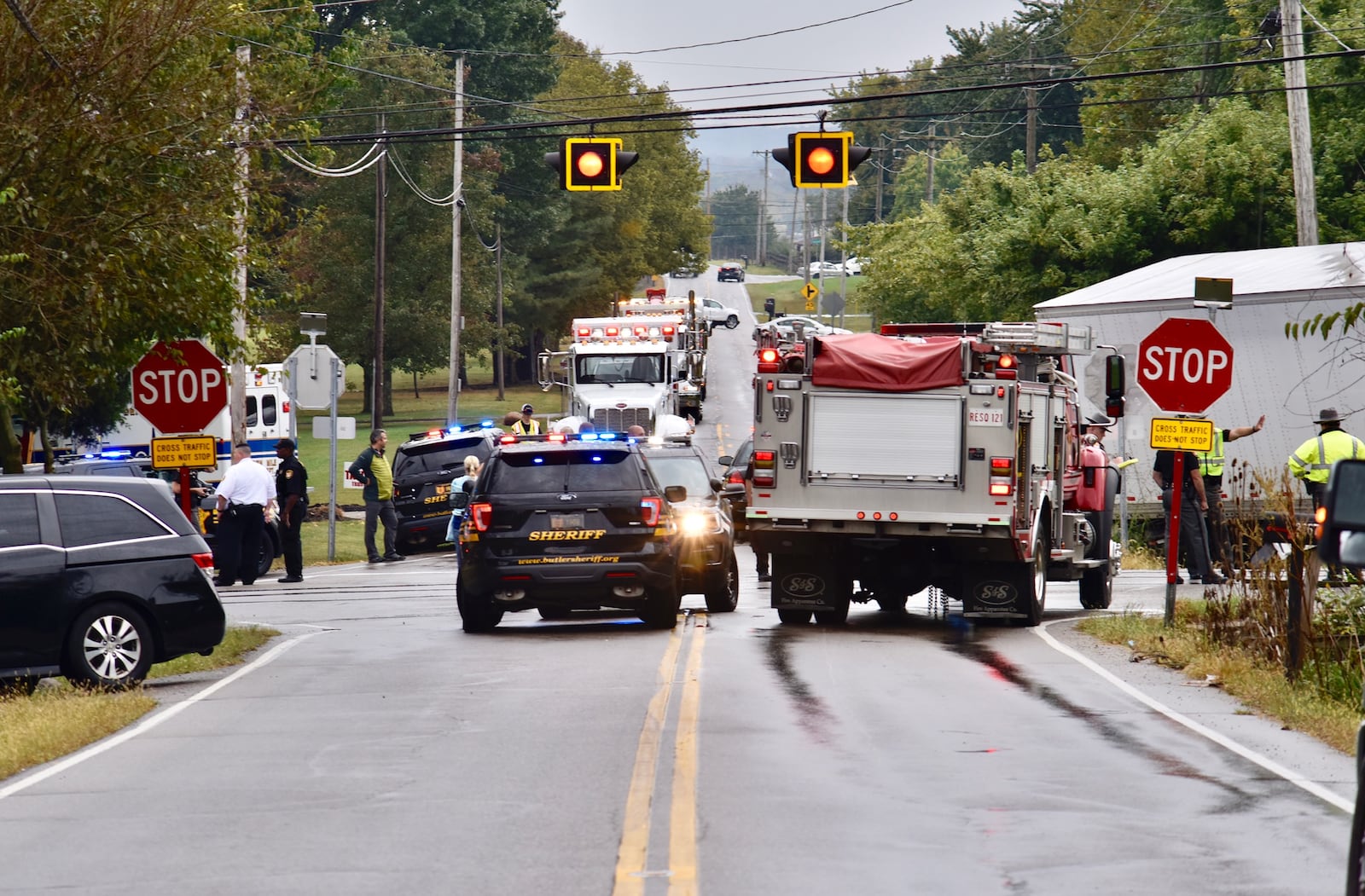 A three-vehicle accident on Friday afternoon involved a semi-trailer at one of Butler County's most dangerous intersections. NICK GRAHAM/STAFF