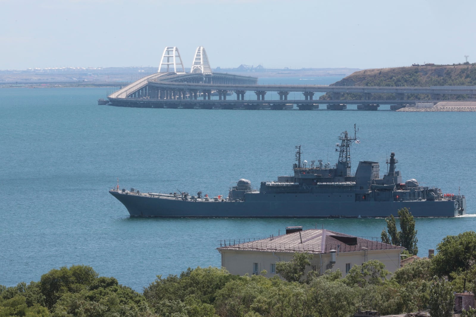 FILE - A Russian military landing ship sails near Kerch, Crimea, on July 17, 2023. (AP Photo, File)