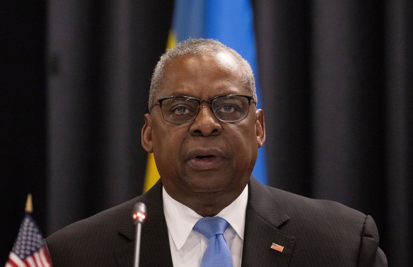 U.S. Secretary of Defense Lloyd Austin attends a meeting of the Ukraine Contact Group at Ramstein Air Base, Germany, Thursday, Jan. 9, 2025. (Marijan Murat/dpa via AP)