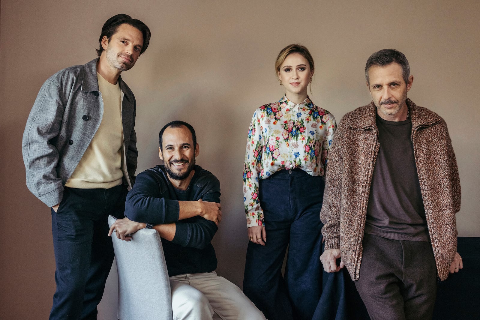 Sebastian Stan, from left, director Ali Abbasi, Maria Bakalova and Jeremy Strong pose for a portrait to promote the film "The Apprentice" on Tuesday, Oct. 8, 2024, in New York. (Photo by Victoria Will/Invision/AP)