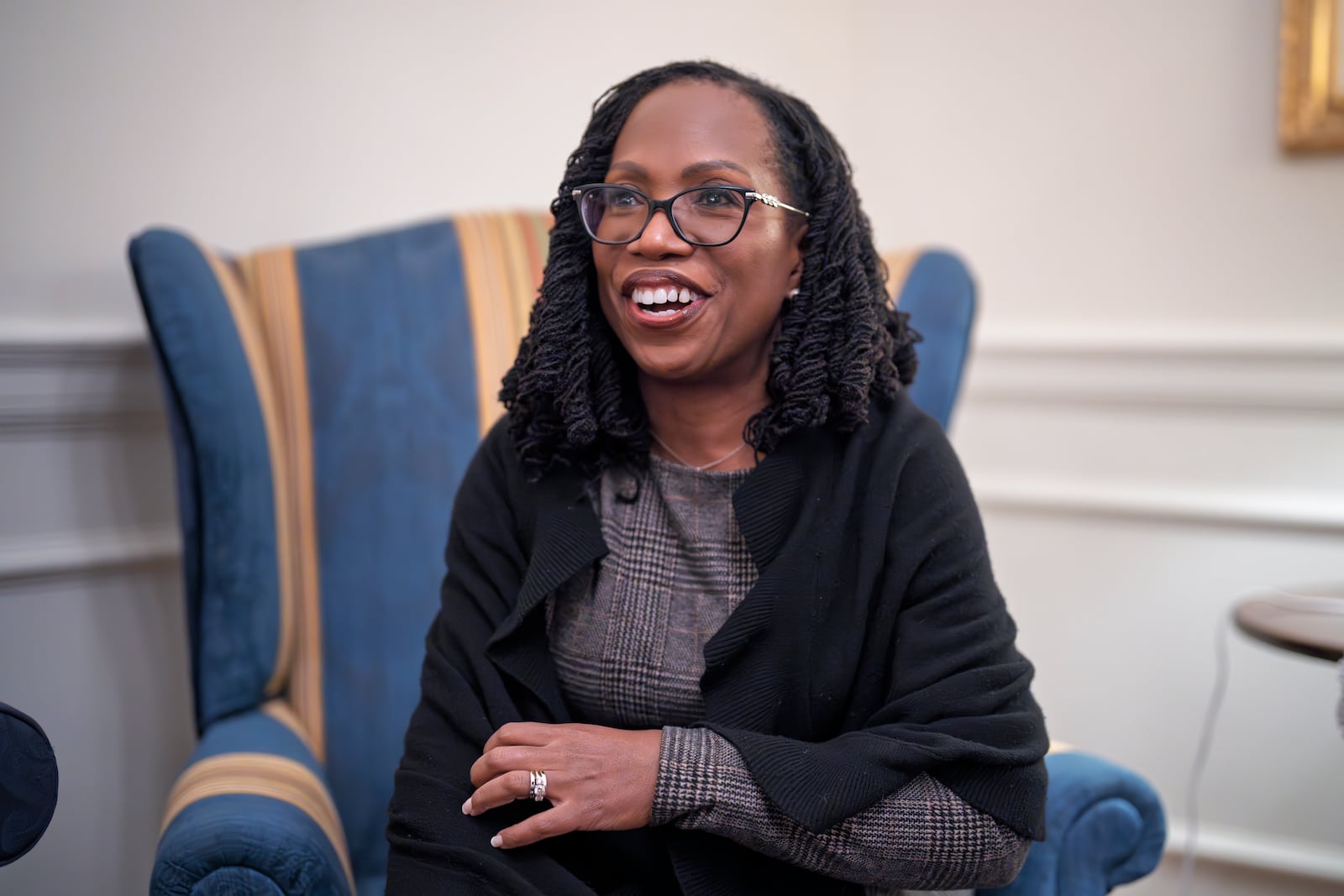 Supreme Court Justice Ketanji Brown Jackson speaks during an interview with The Associated Press, at the Supreme Court in Washington, Wednesday, Jan. 29, 2025. (AP Photo/J. Scott Applewhite)