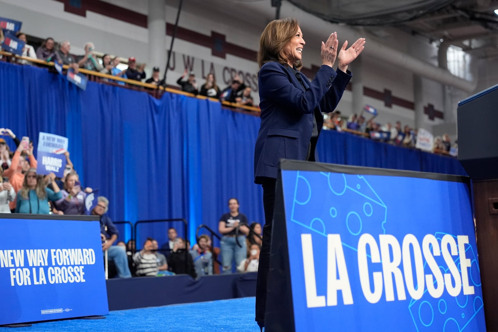 Democratic presidential nominee Vice President Kamala Harris speaks during a campaign rally at the University of Wisconsin La Crosse, in La Crosse, Wis., Thursday, Oct. 17, 2024. (AP Photo/Jacquelyn Martin)