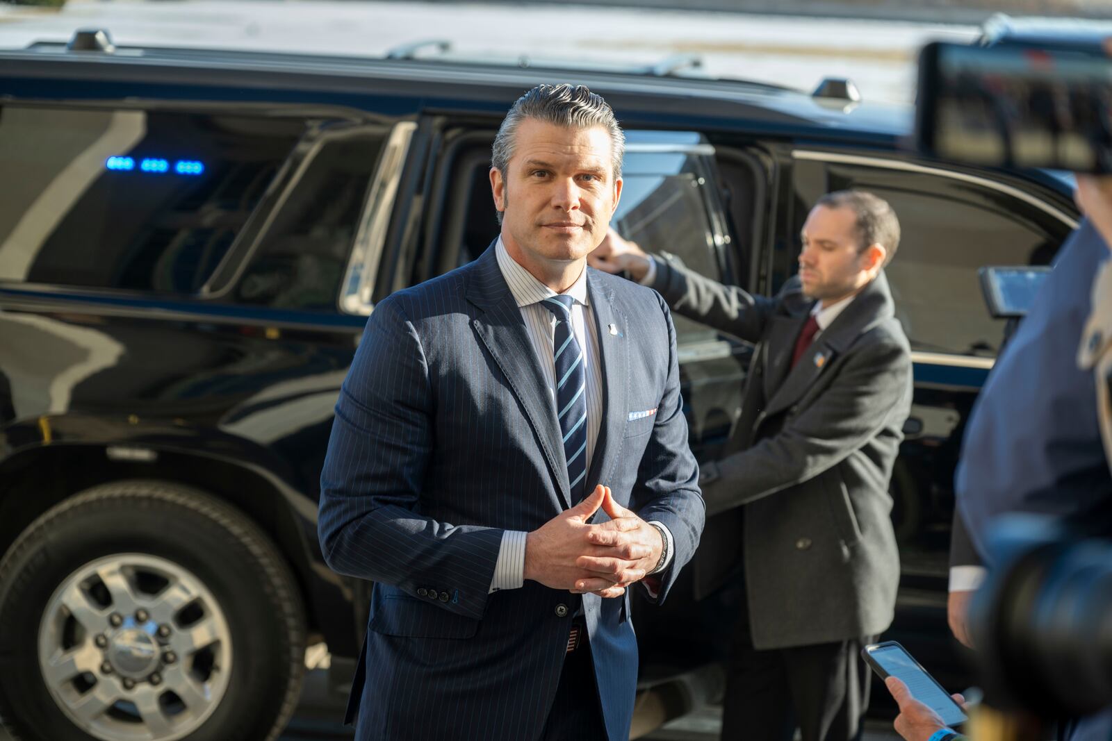 Defense Secretary Pete Hegseth arrives at the Pentagon, Monday, Jan. 27, 2025 in Washington. (AP Photo/Kevin Wolf)