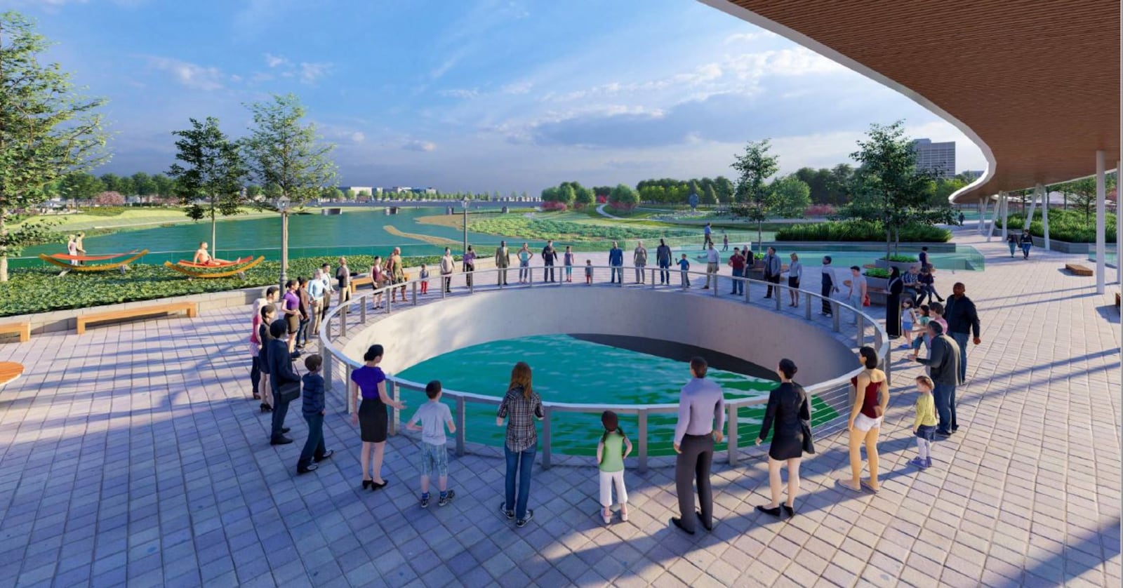 A rendering of a proposed pedestrian bridge and park-over-the-river connecting the existing Sunrise MetroPark and the proposed Sunset park. CONTRIBUTED / FIVE RIVERS METROPARKS