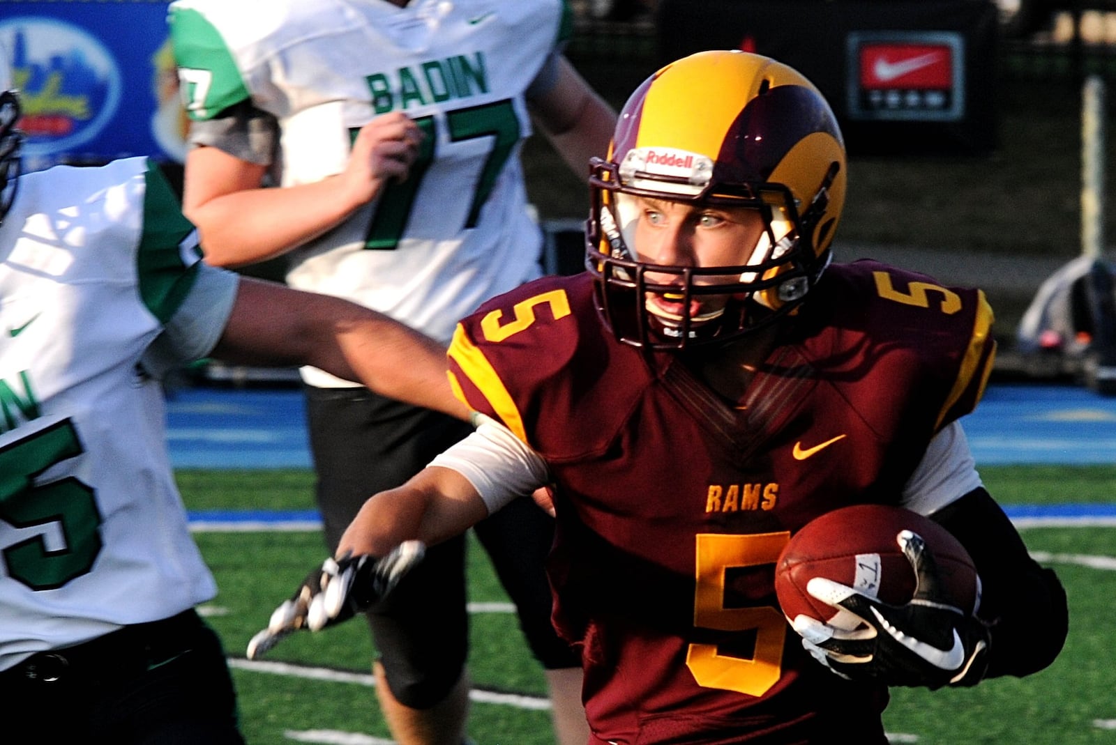 Shay Mather of Ross looks for running room Friday night during Badin’s 36-6 win in the Skyline Chili Crosstown Showdown at Hamilton’s Virgil Schwarm Stadium. CONTRIBUTED PHOTO BY DAVID A. MOODIE