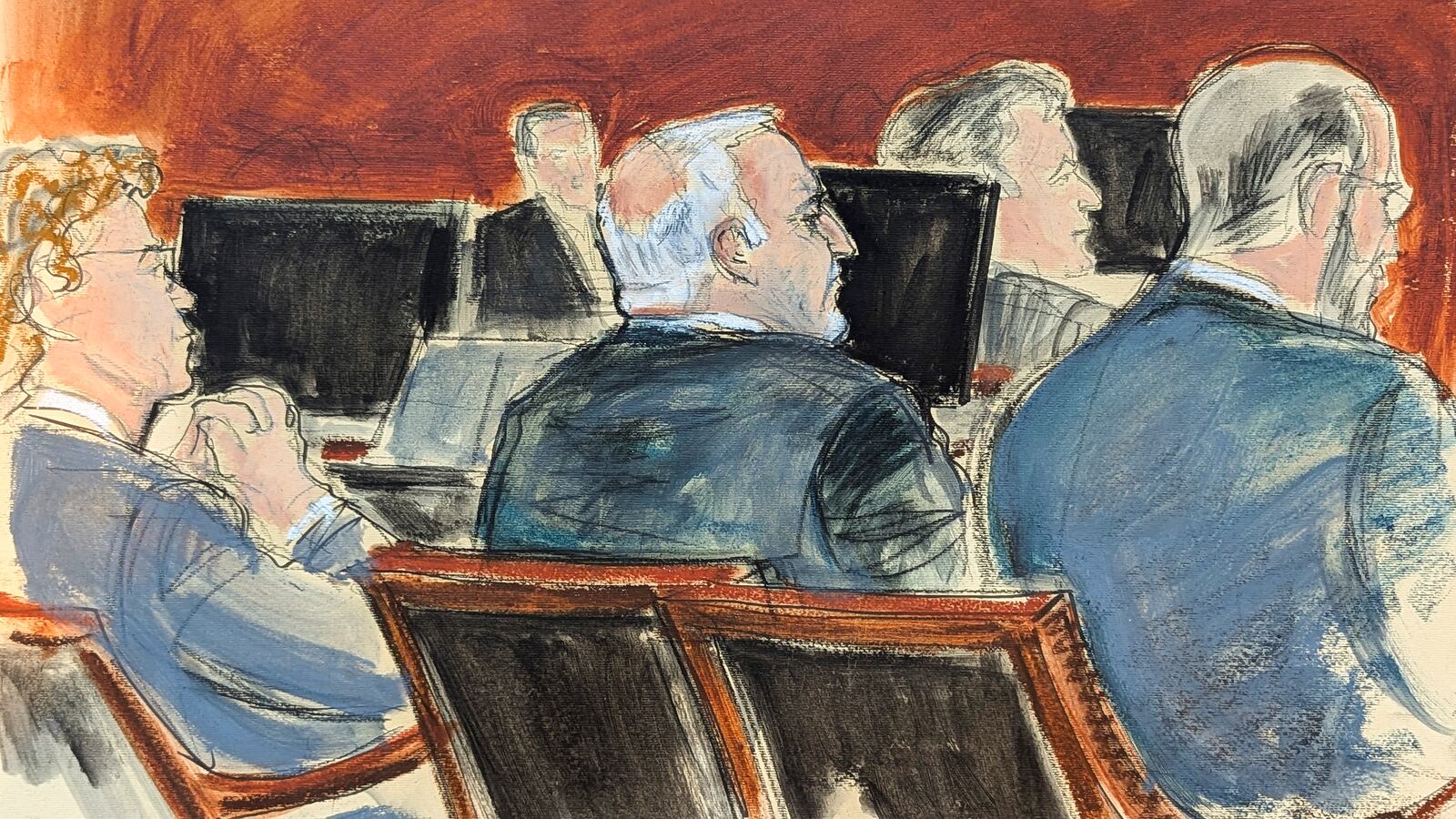 In this courtroom sketch, Fred Dabies, center, co-defendant of former Sen. Bob Menendez listens during his sentencing in Manhattan federal court, Wednesday, Jan. 29, 2025, in New York. (Elizabeth Williams via AP)