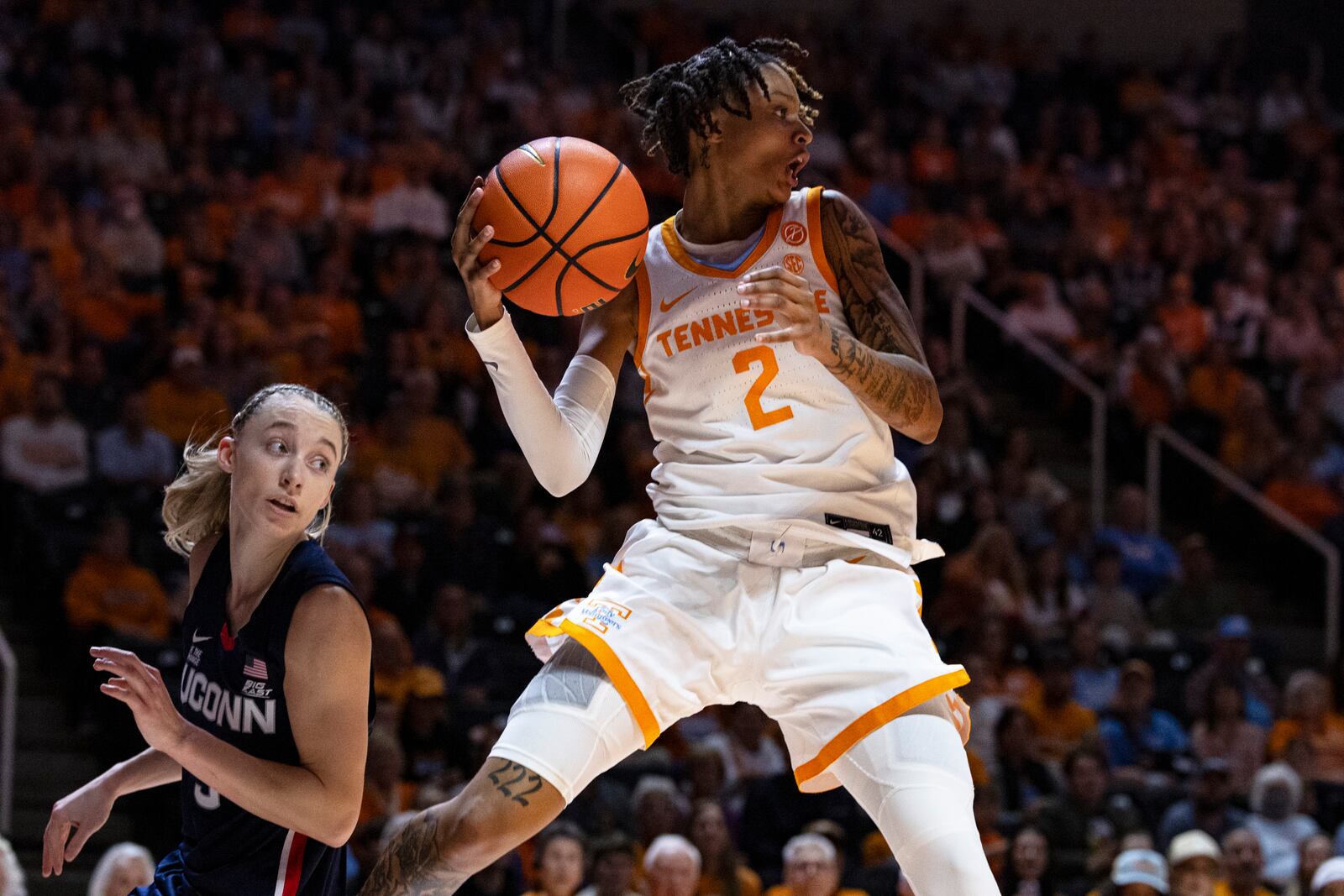 Tennessee guard Ruby Whitehorn (2) saves the ball from going out of bounds during the first half of an NCAA college basketball game against UConn, Thursday, Feb. 6, 2025, in Knoxville, Tenn. (AP Photo/Wade Payne)