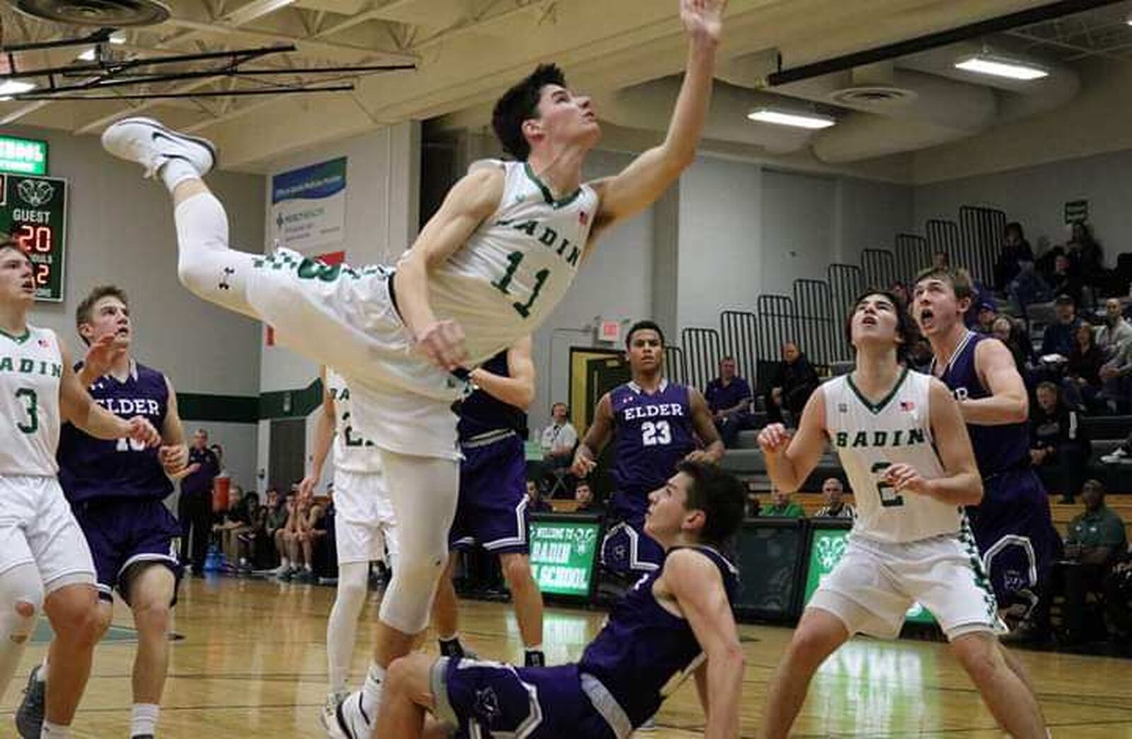 Badin’s Spencer Giesting (11) puts up on off-balance shot on a drive during Tuesday night’s game against Elder at Mulcahey Gym in Hamilton. Badin won 57-53. CONTRIBUTED PHOTO BY TERRI ADAMS