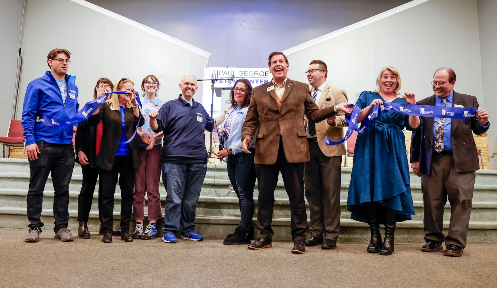 A ribbon cutting and grand opening was held at the Paul George STEM Center Thursday, Oct. 17, 2024 on Dimmick Road in West Chester Township. The former church building has been transformed into a space for learning about robotics, engineering, design, art, manufacturing and more. The location is home to Lakota Robotics 1038 with students from over a dozen local school districts involved. NICK GRAHAM/STAFF