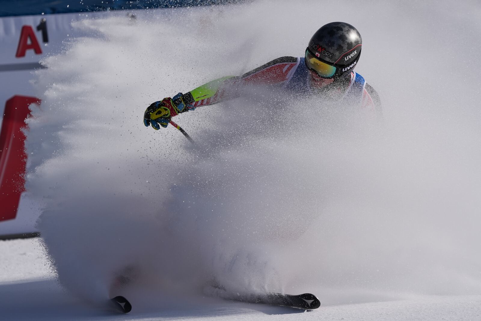 Canada's Jeffrey Read arrives at the finish area of a men's Super-G, at the Alpine Ski World Championships, in Saalbach-Hinterglemm, Austria, Friday, Feb. 7, 2025. (AP Photo/Giovanni Auletta)