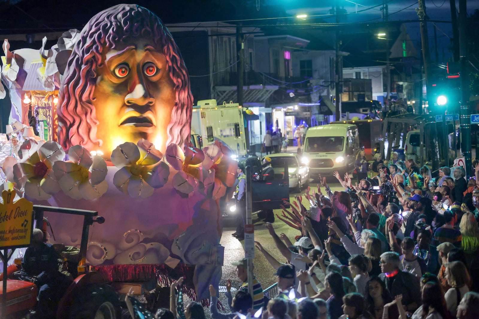 FILE - The Krewe of Hermes parade makes its way along the Uptown route with the theme "The Storyville Chronicles" in New Orleans, Feb. 9, 2024. (Brett Duke/The Times-Picayune/The New Orleans Advocate via AP)