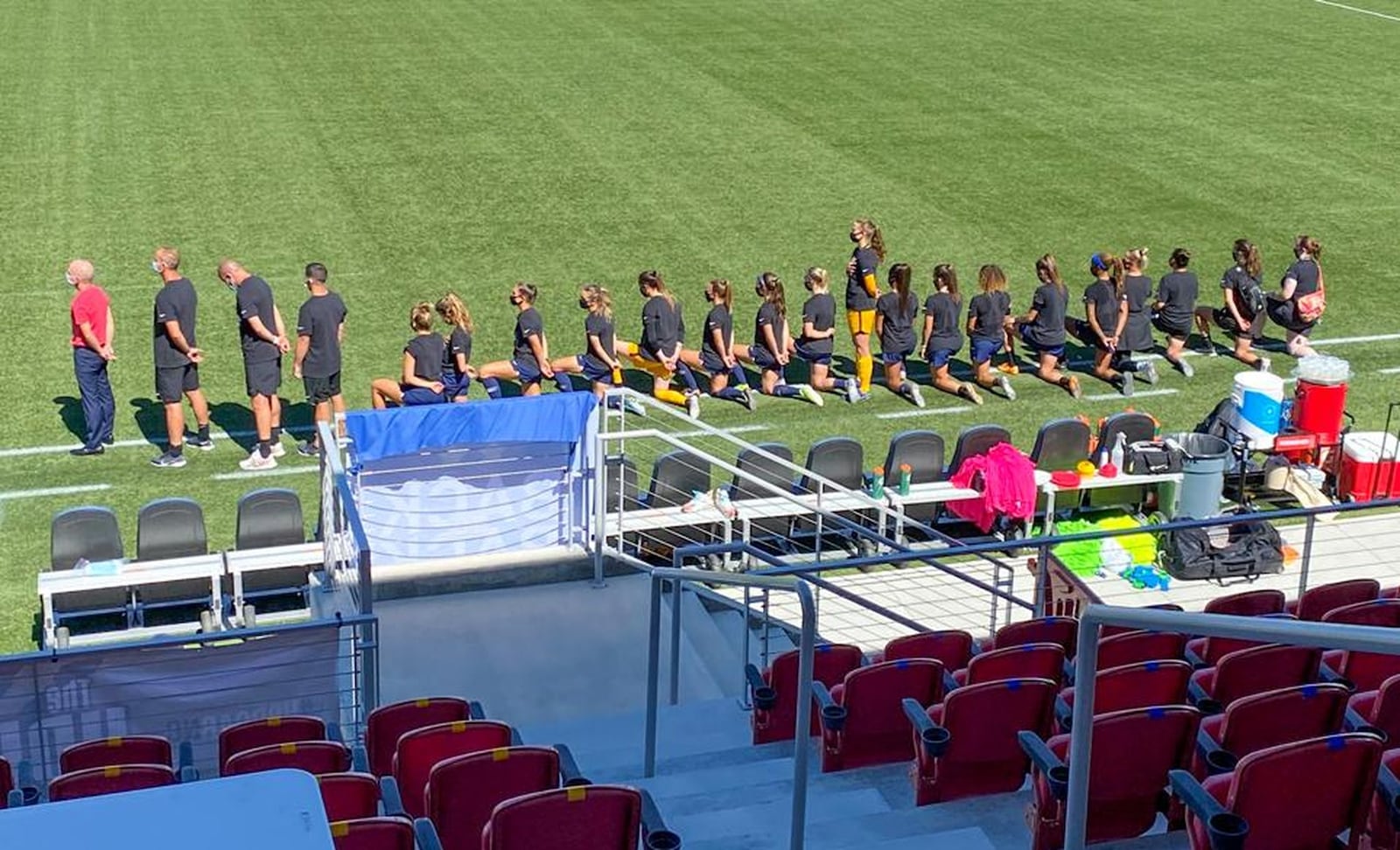 Samantha Leshnak-Murphy, a goalie for the North Carolina Courage, a member of the National Women s Soccer League, stood for the National Anthem Saturday night while her teammates knelled. CONTRIBUTED BY ALEX VEJAR / THE SALT LAKE TRIBUNE.