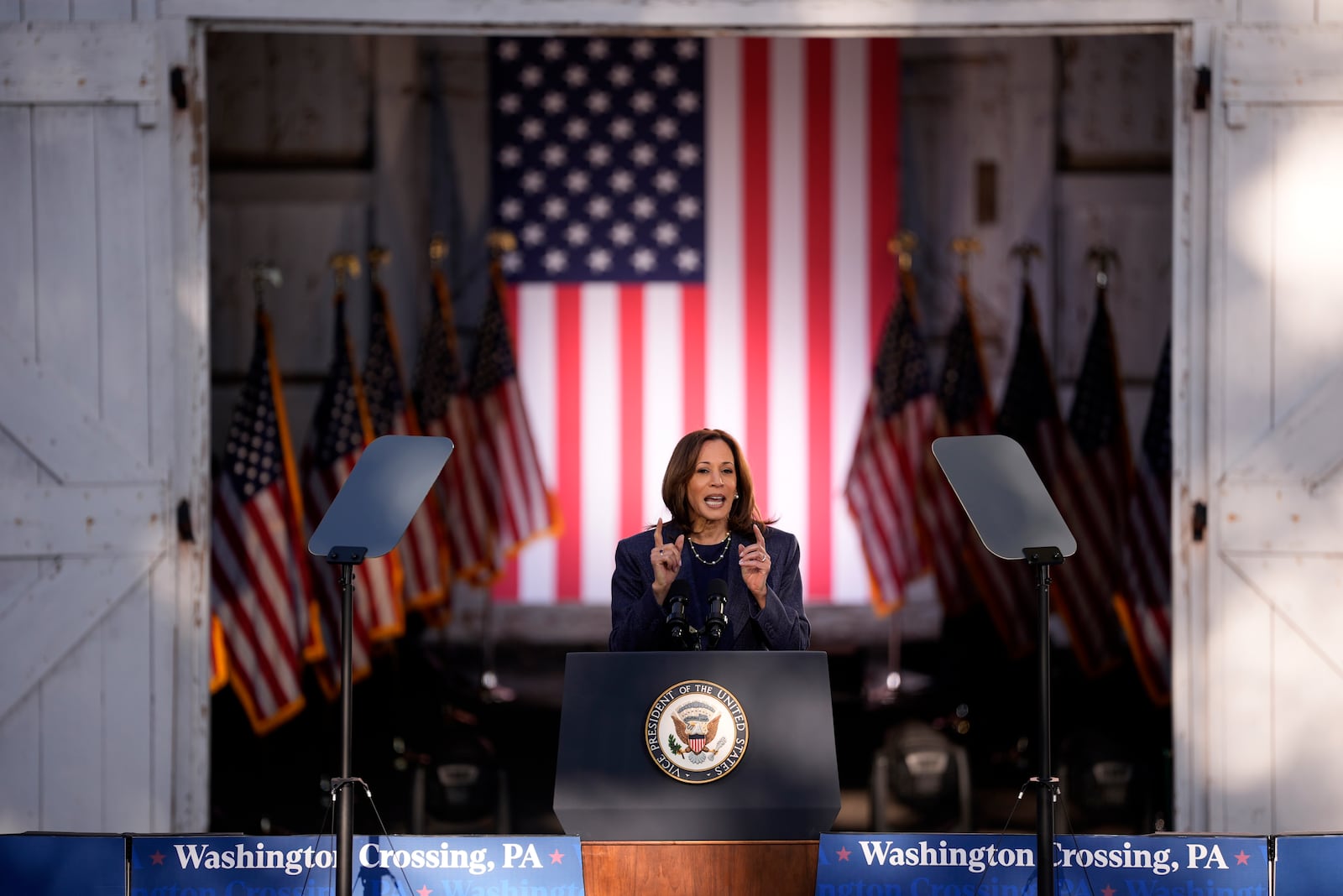 Democratic presidential nominee Vice President Kamala Harris speaks during a campaign event at Washington Crossing Historic Park, Wednesday, Oct. 16, 2024, in Washington Crossing, Pa. (AP Photo/Matt Slocum)