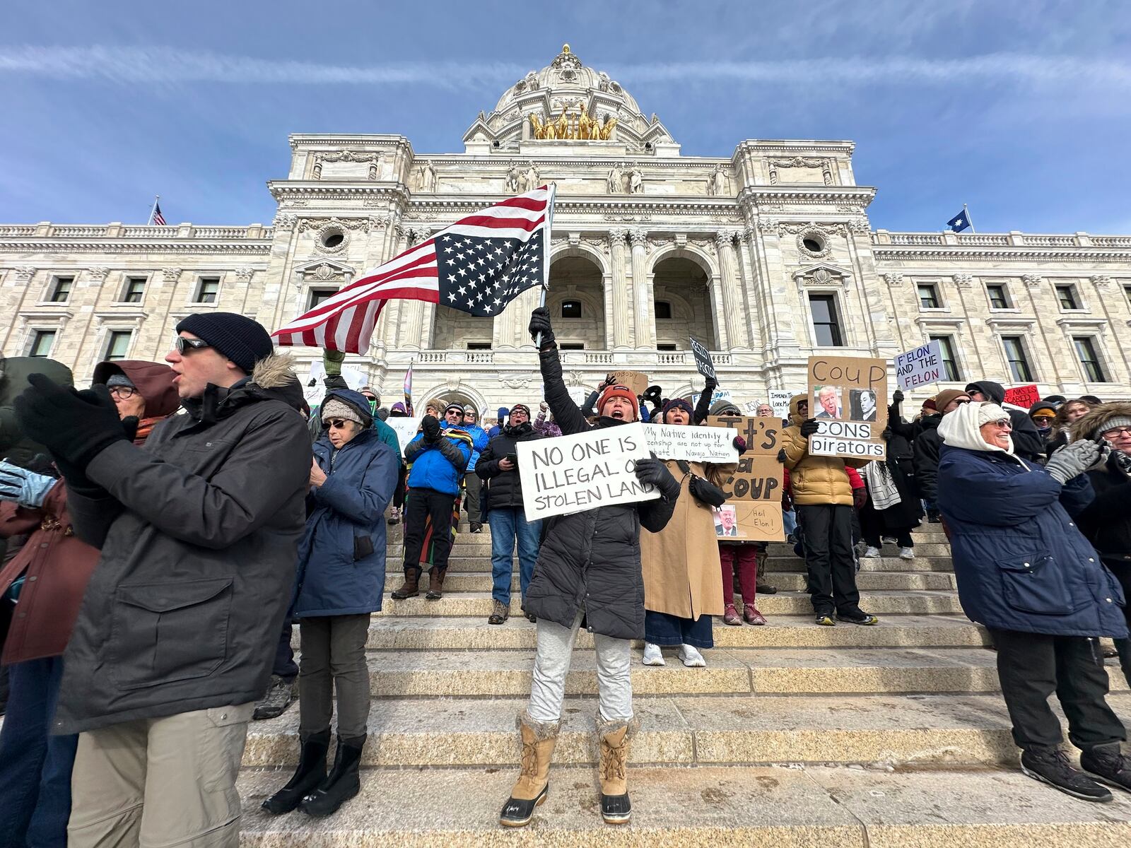 Protesters gather on the state capitol on Wednesday, Feb. 5, 2025 in St. Paul, Minn. (AP photo/Mark Vancleave)