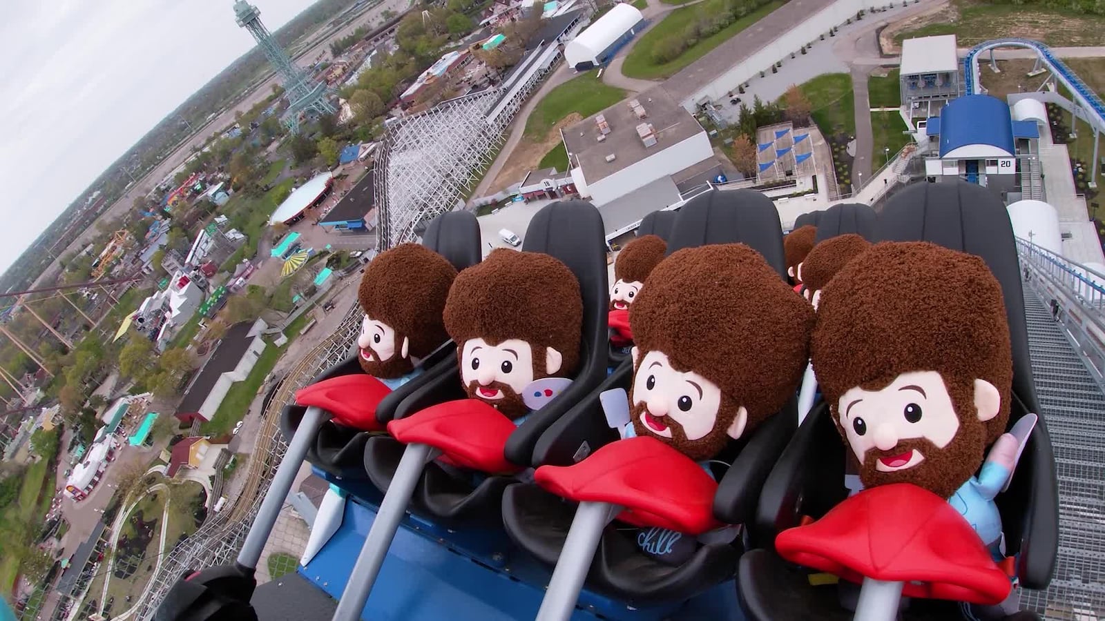 Bob Ross plushes take a test ride on Kings Island's giga coaster, Orion. Photo courtesy Kings Island.