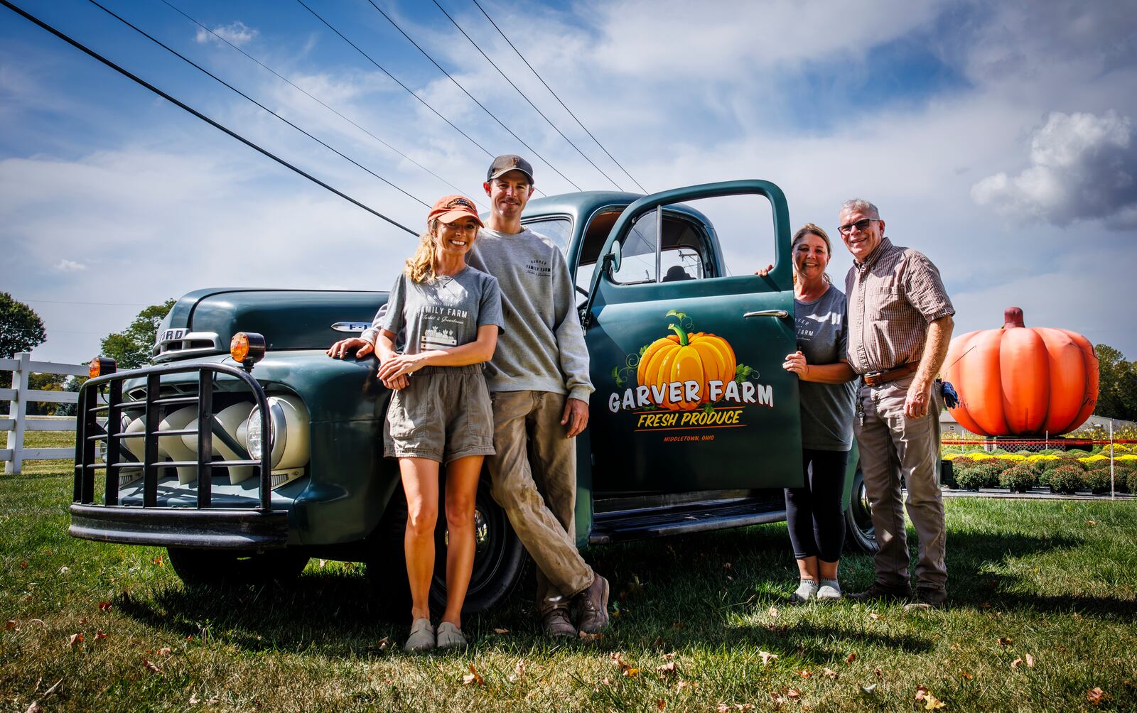 Left to right: Alayna Garver-Taylor, Daylon Taylor, Suzy Garver and Michael Garver operate Garver Family Farm Market on Ohio 63 in Lemon Township. Garver Family Farm will have their Harvest Fest on Saturday and is expanding with addition of the new building opening at the beginning of 2024 that will have a bakery, bistro, wine bar and more. NICK GRAHAM/STAFF