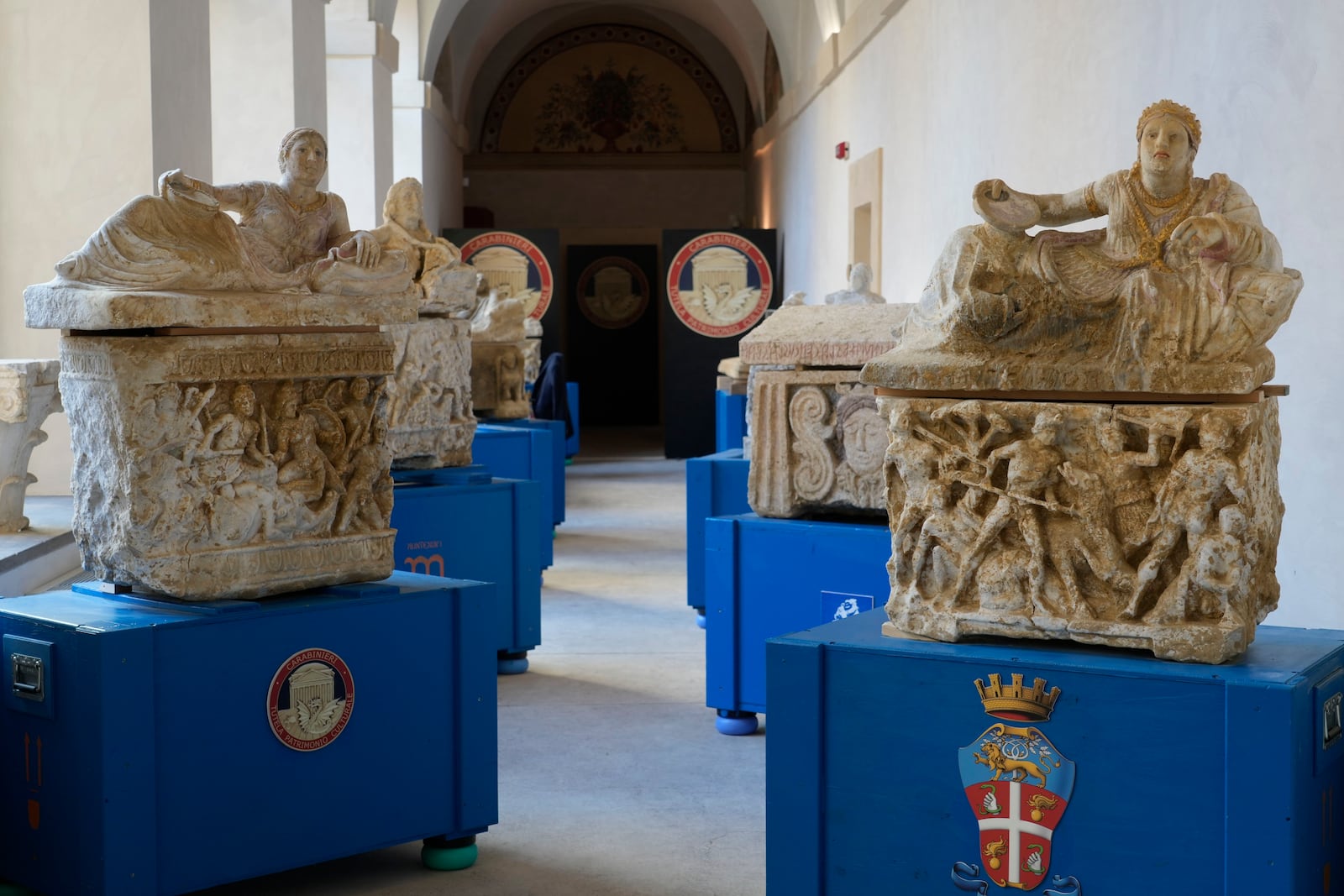 Archaeological finds from the Etruscan era and recovered in a police operation are shown during a press conference in Rome, Tuesday, Nov. 19, 2024. (AP Photo/Gregorio Borgia)