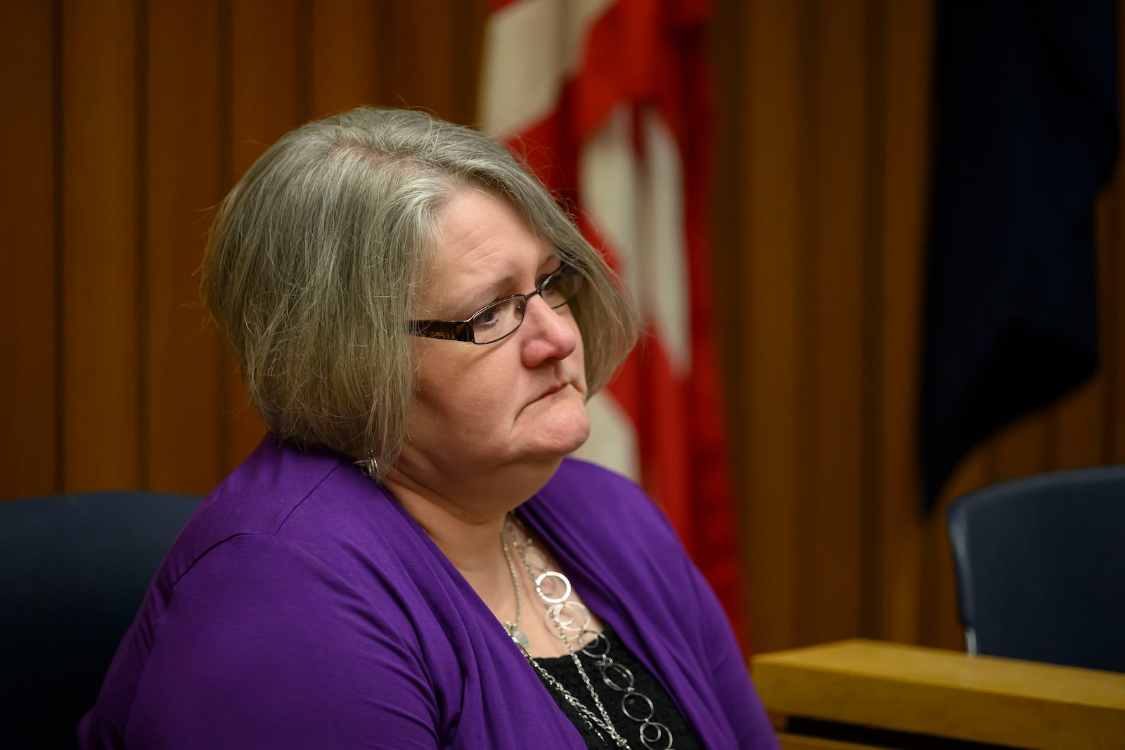 Tayna Zuvers gives testimony at a hearing to have her sons Andrew, Alexander, and Tanner Skelton be officially declared deceased, at Lenawee County probate court, in Adrian, Mich., March 3, 2025. (David Guralnick/Detroit News via AP)